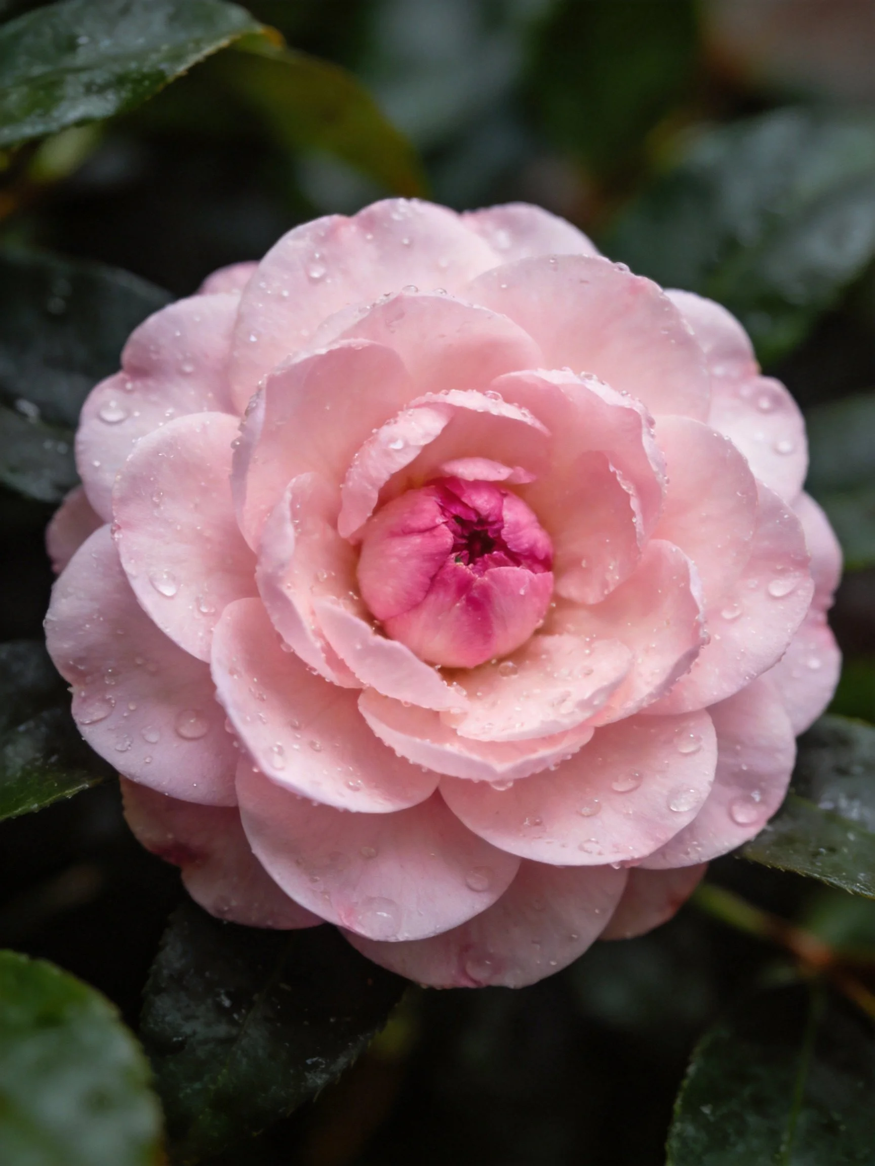 A delicate pink rose with water droplets, surrounded by dark green leaves