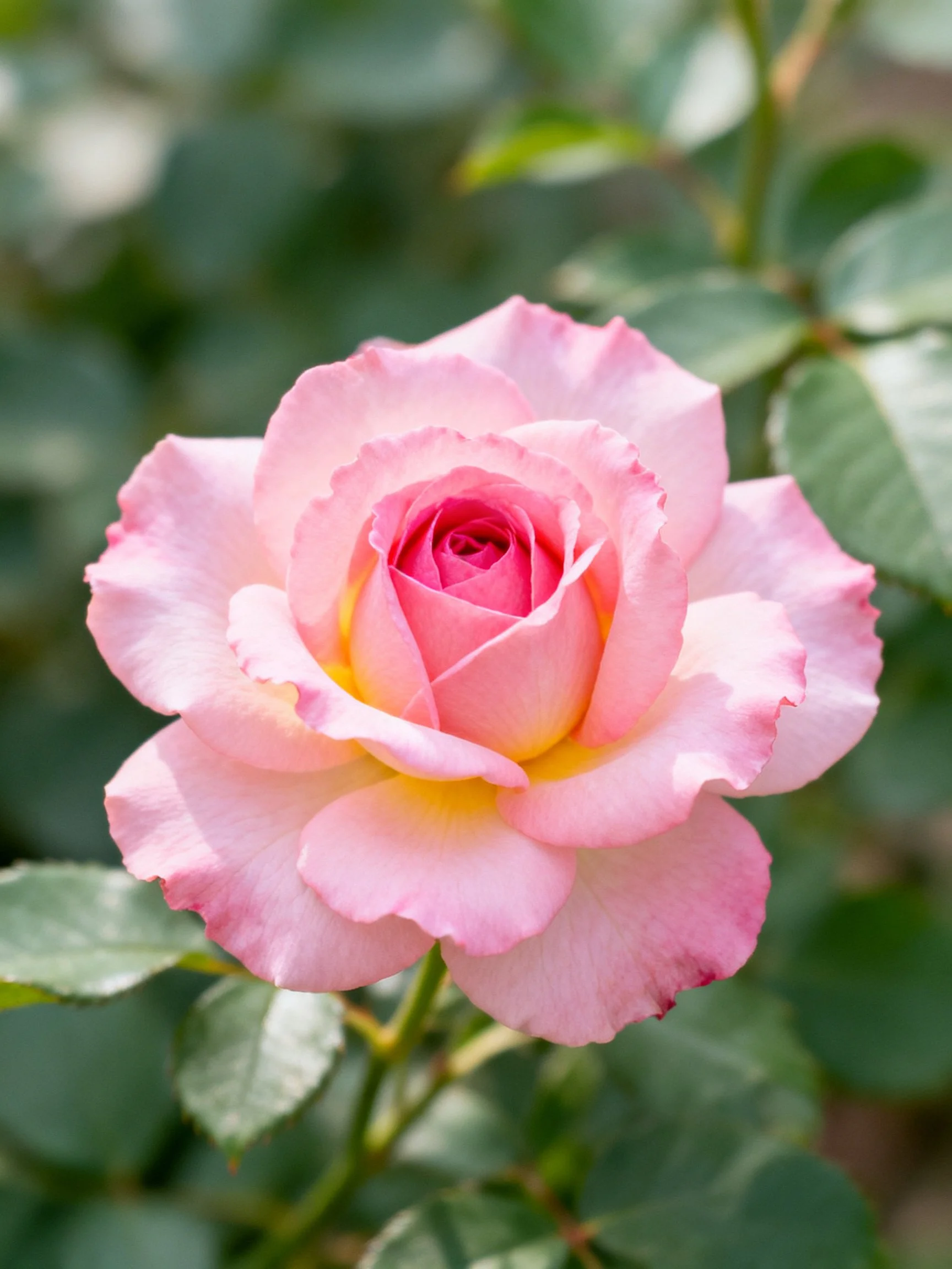 A delicate pink rose with yellow center amidst lush green foliage