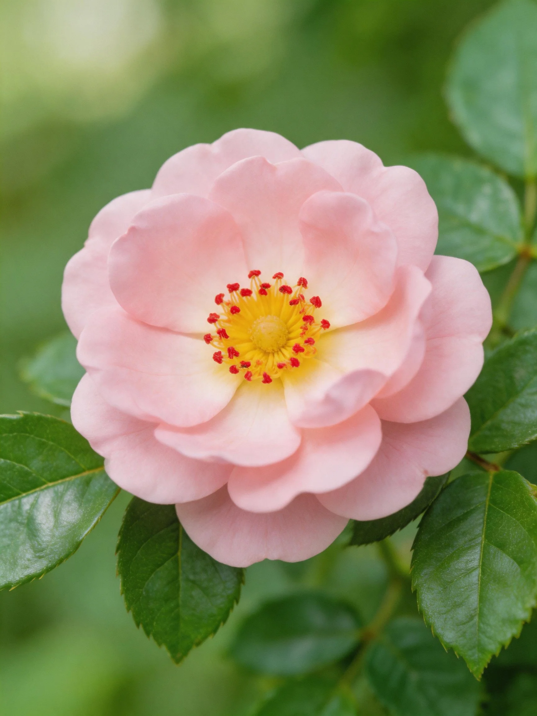 A delicate pink rose with yellow center and green foliage