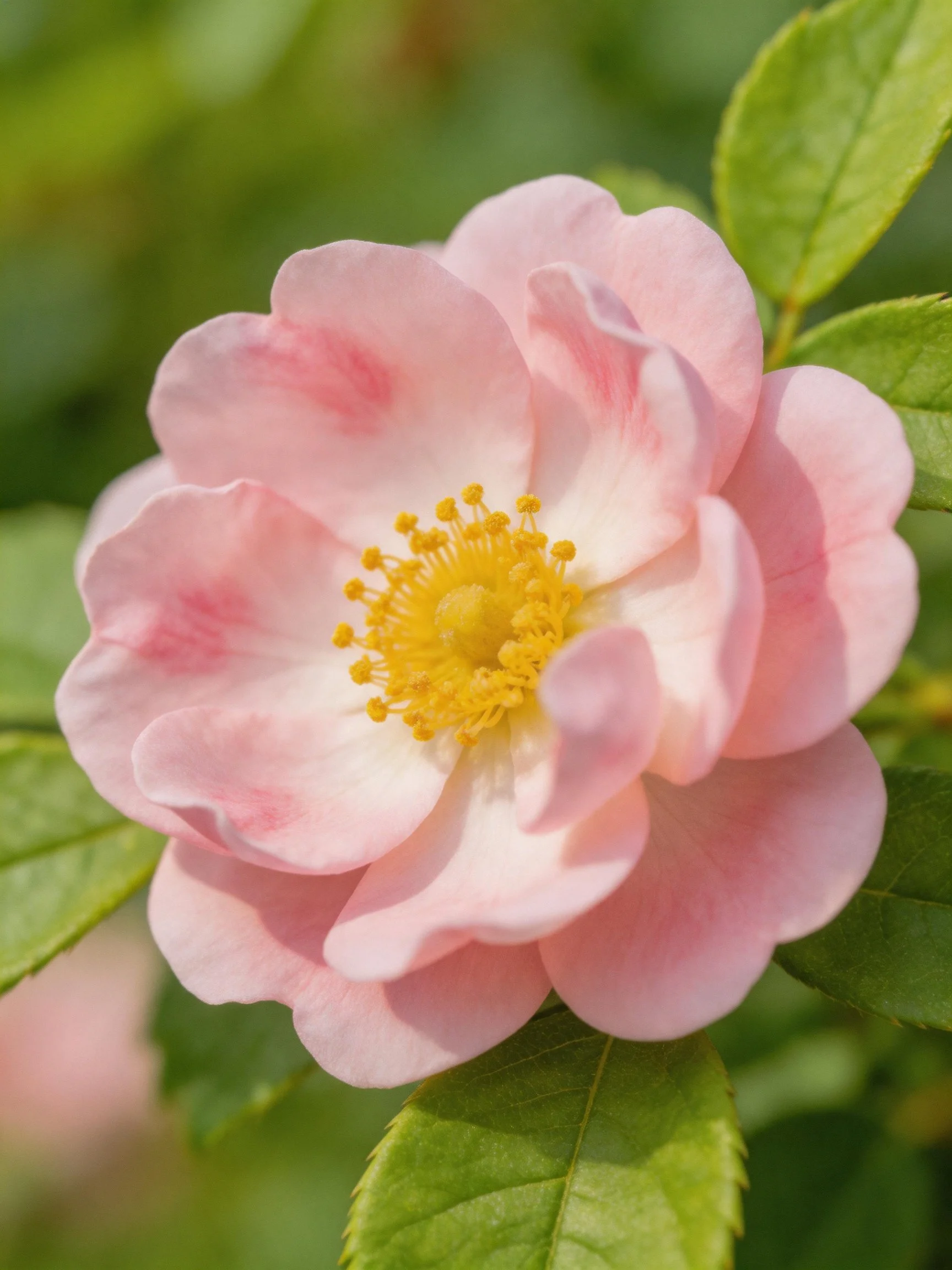 A delicate pink rose with yellow center and green leaves