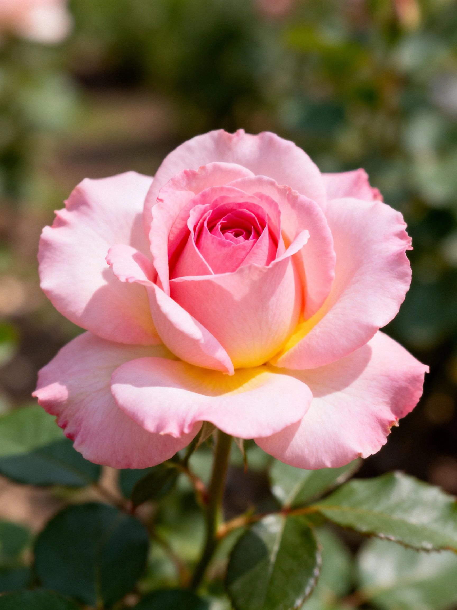A delicate pink rose with yellow center blooming amid green foliage
