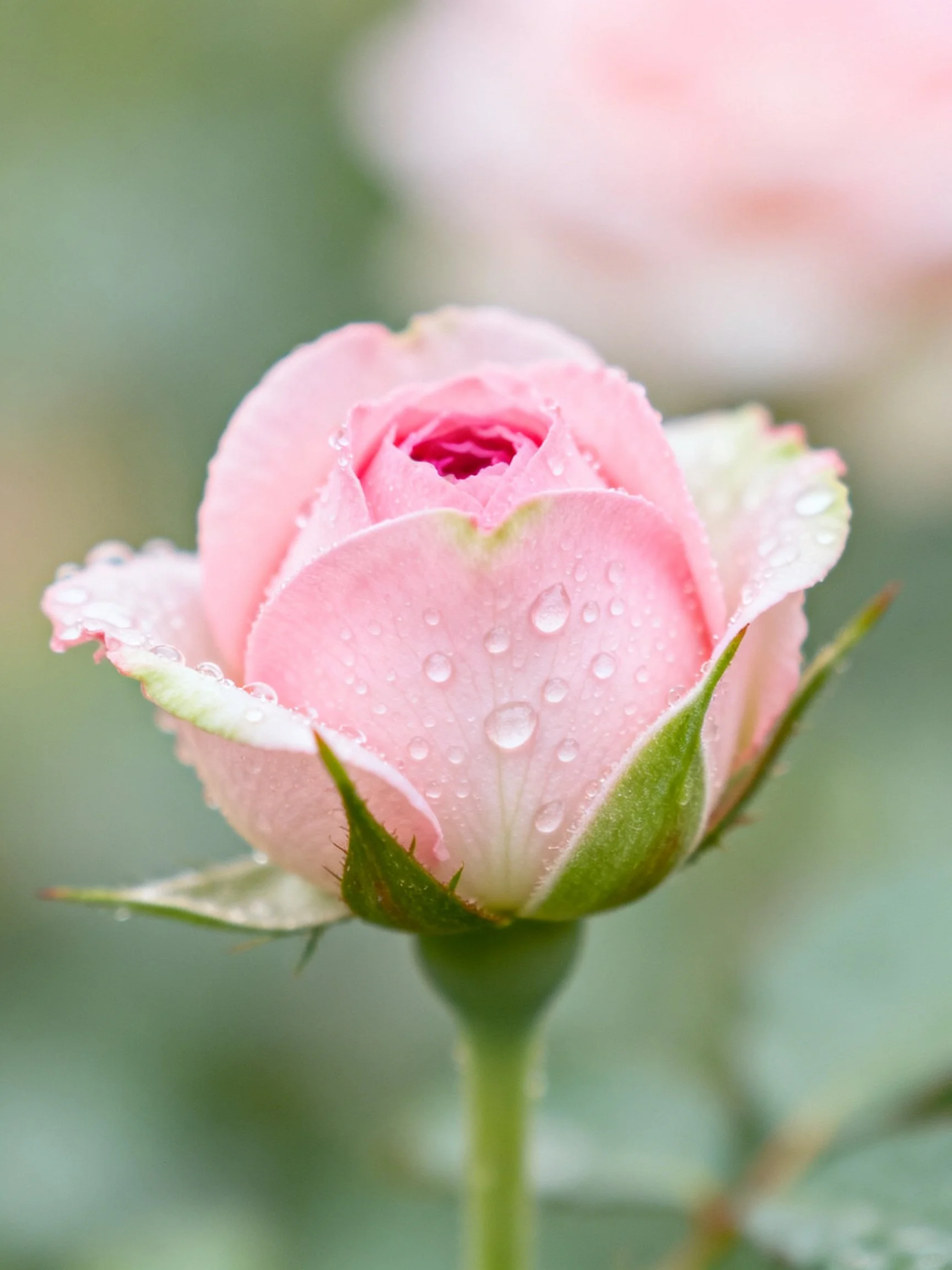 A delicate pink rosebud with glistening dew drops