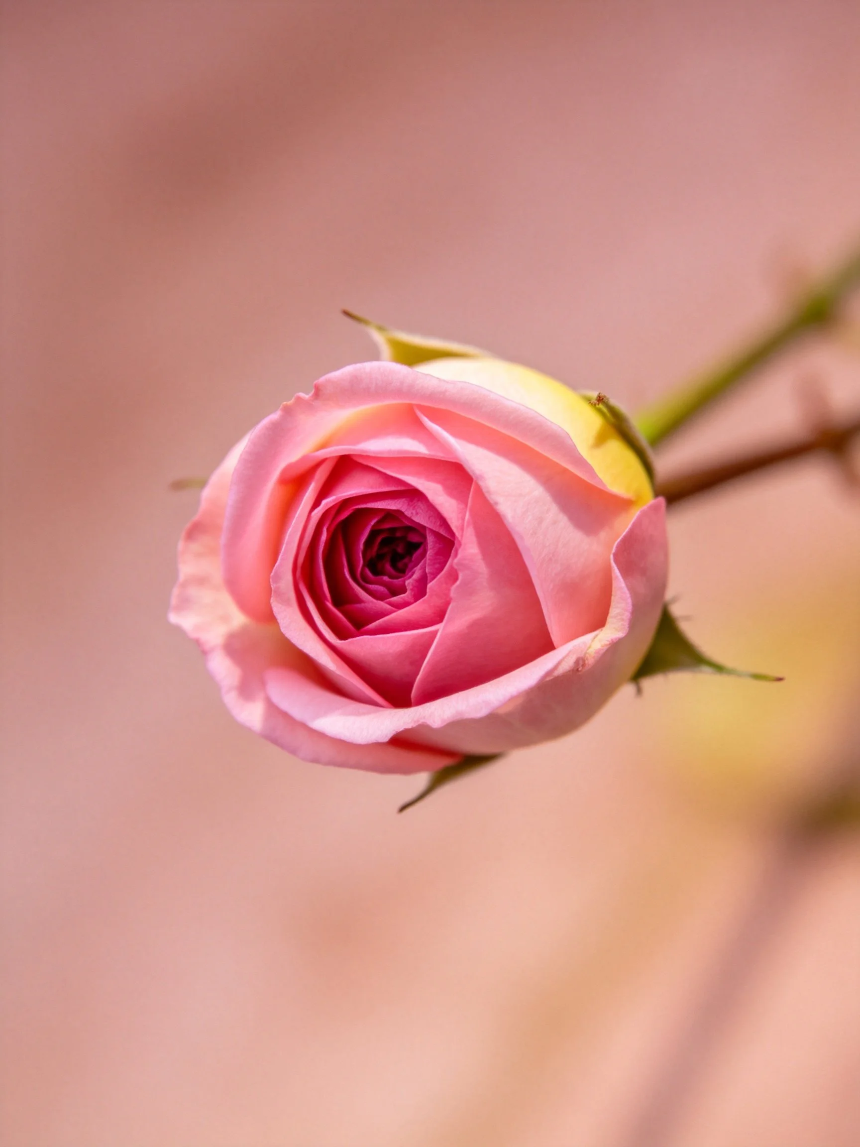 A delicate pink rosebud with yellow accents