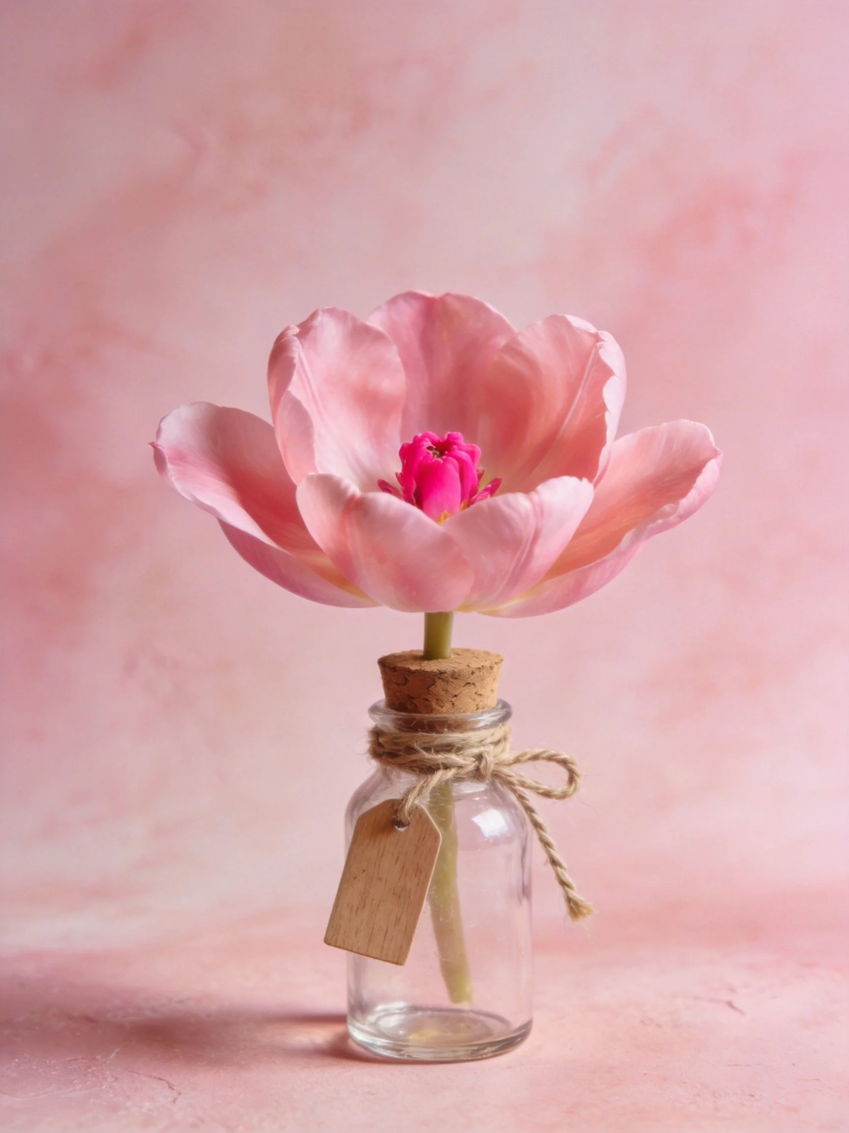A delicate pink tulip in a cork-topped glass bottle