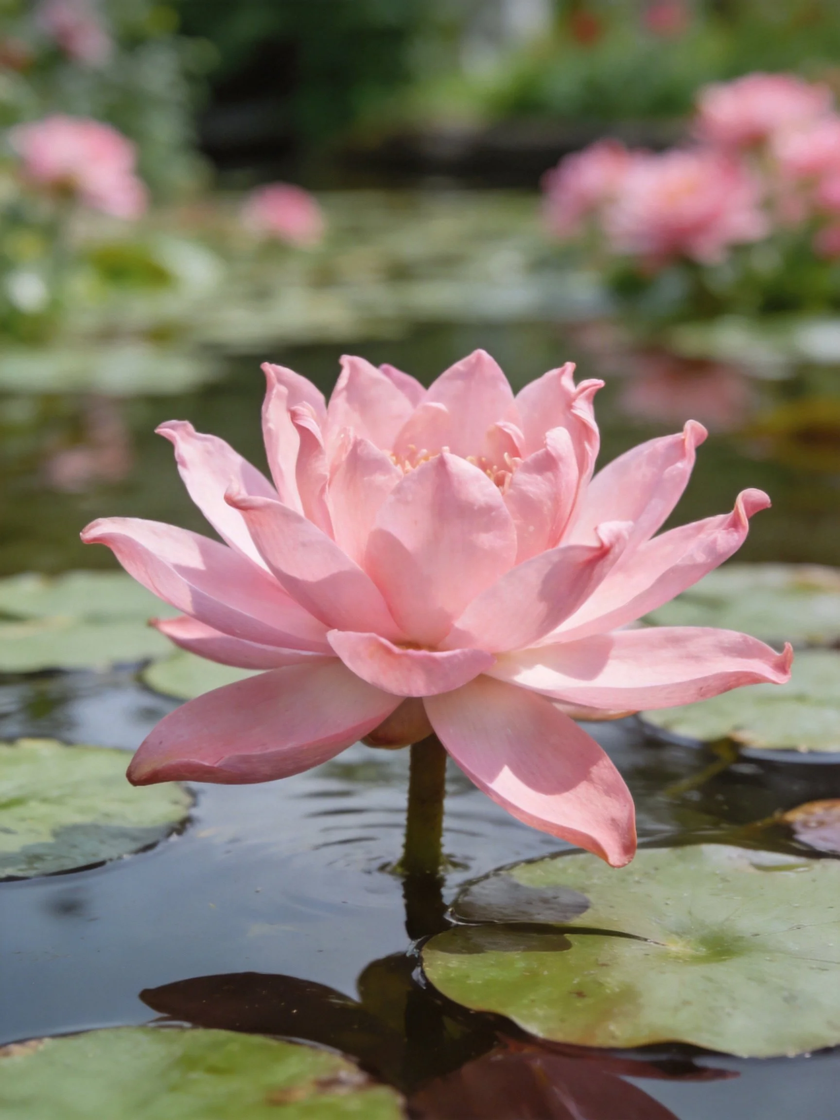 A delicate pink water lily blooms among green lily pads