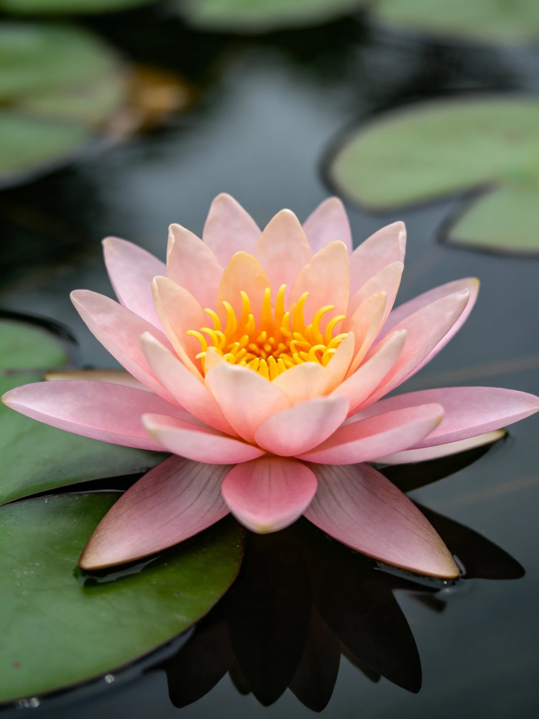 A delicate pink water lily blooms atop calm water