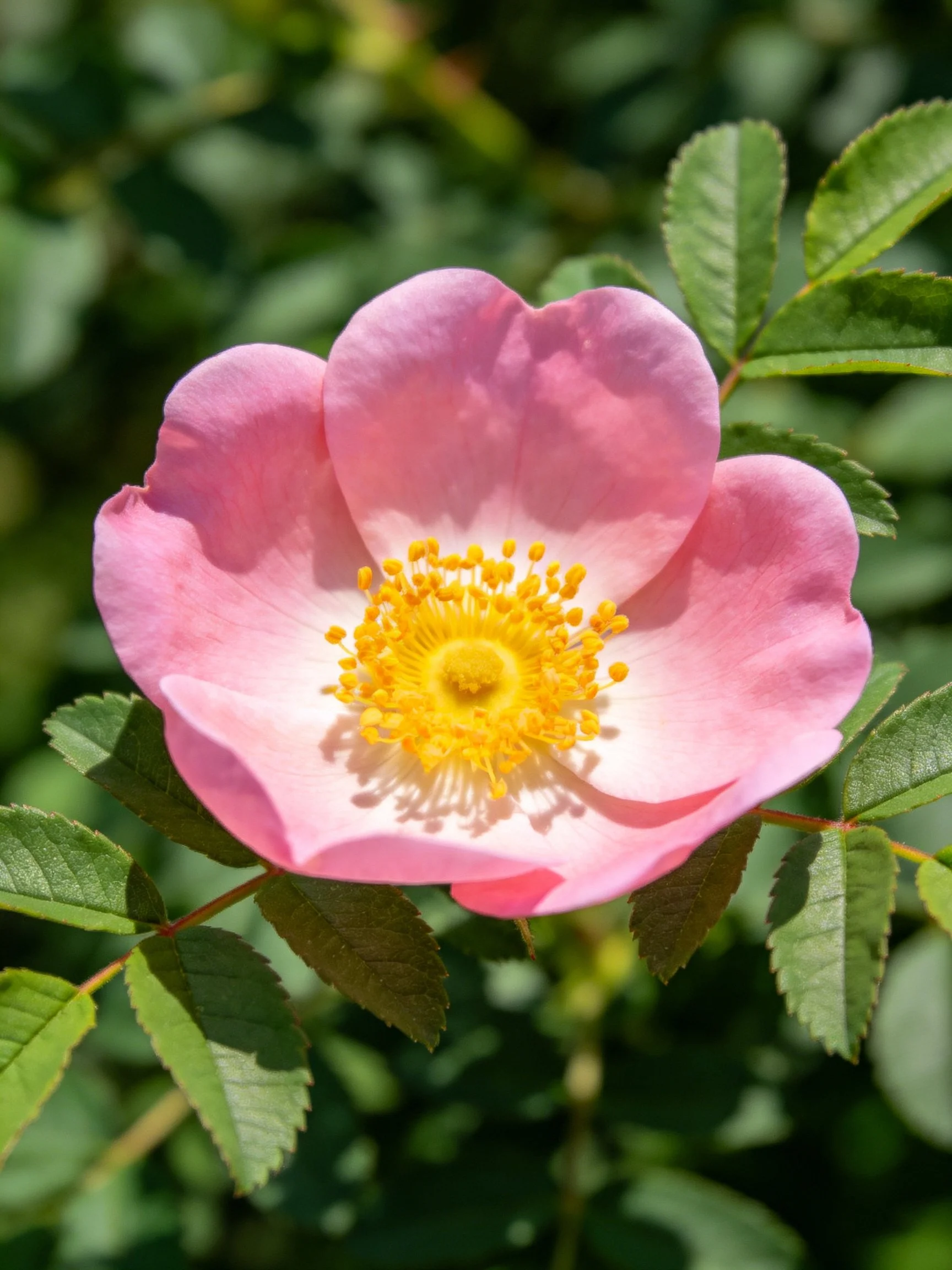A delicate pink wild rose with golden stamens amid green leaves