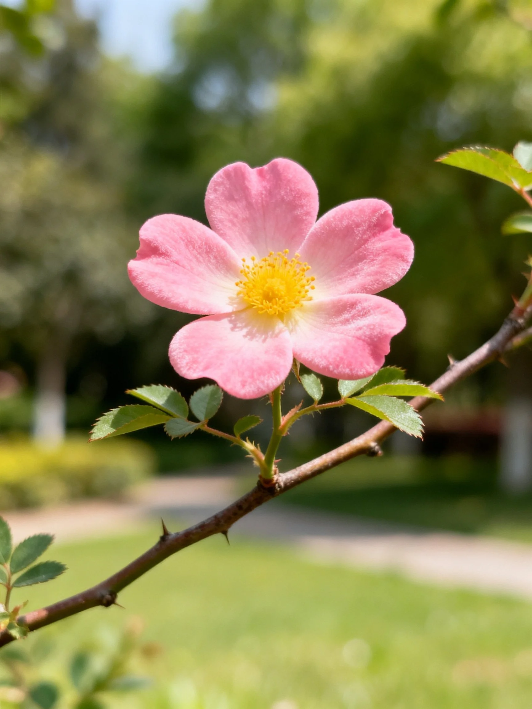 A delicate pink wild rose with yellow center on thorny branch
