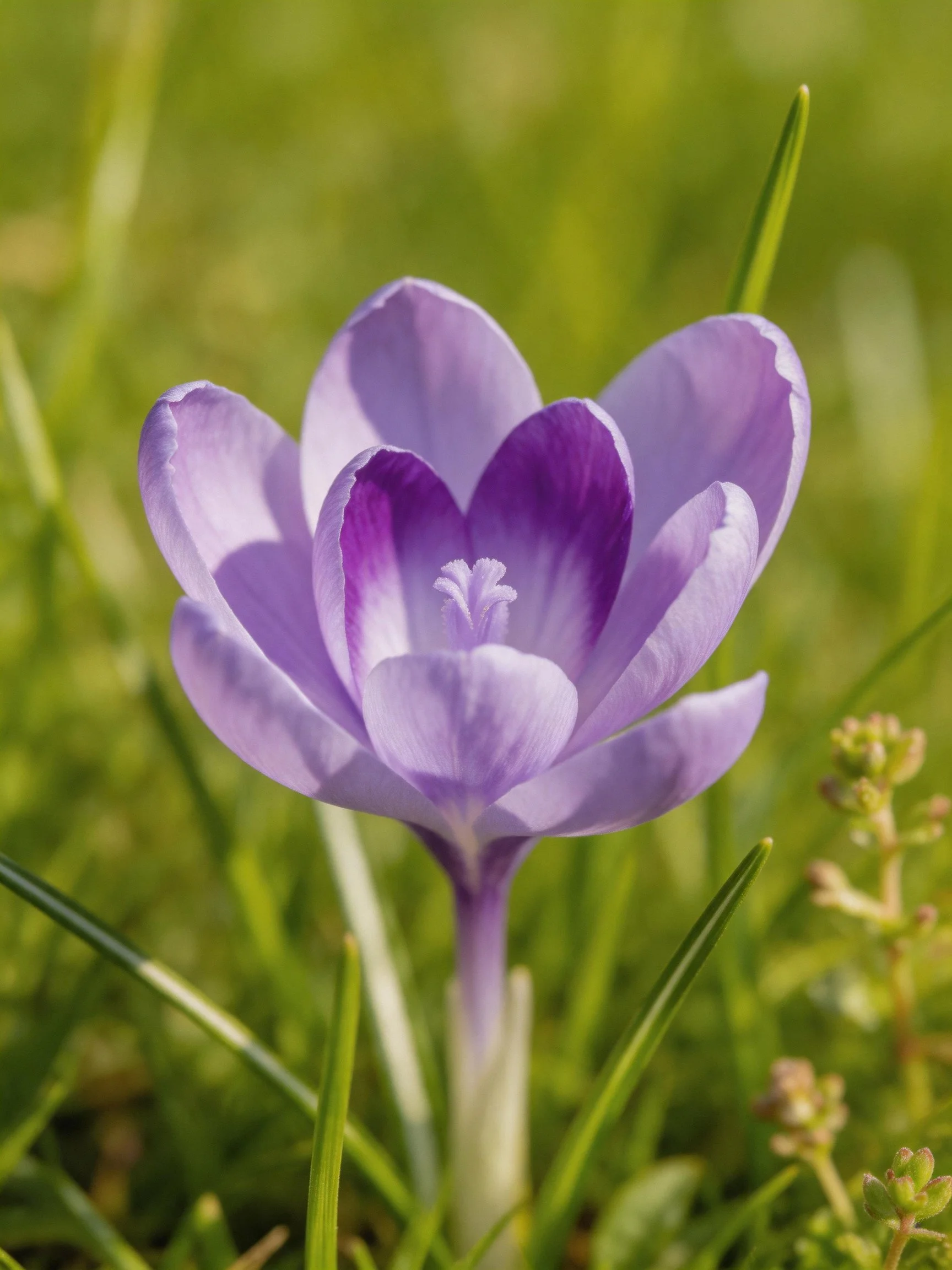 A delicate purple crocus blooms amidst lush green grass