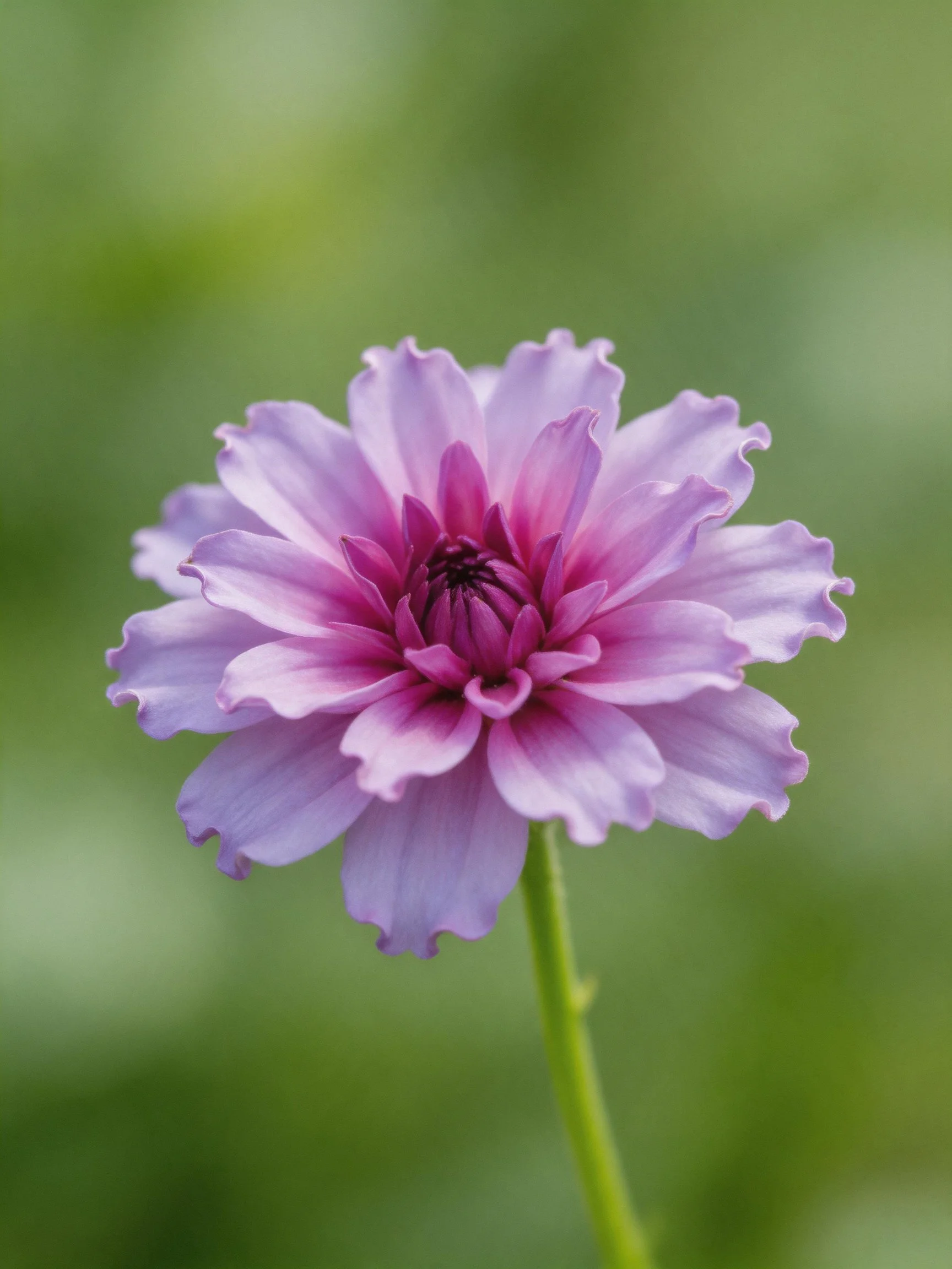A delicate purple flower with ruffled petals on a slender stem