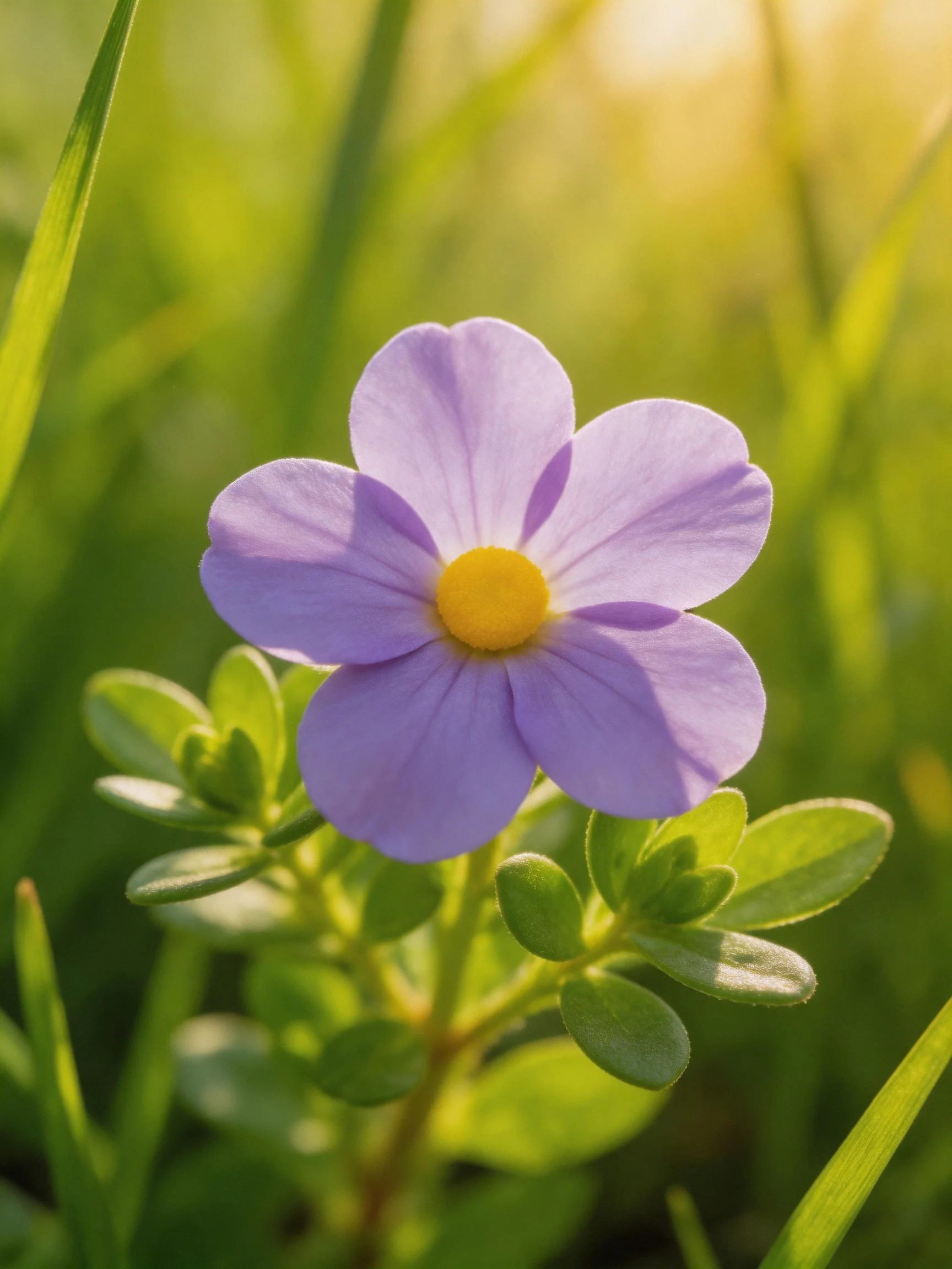 A single purple flower with a yellow center is surrounded by green leaves in a sunlit setting.