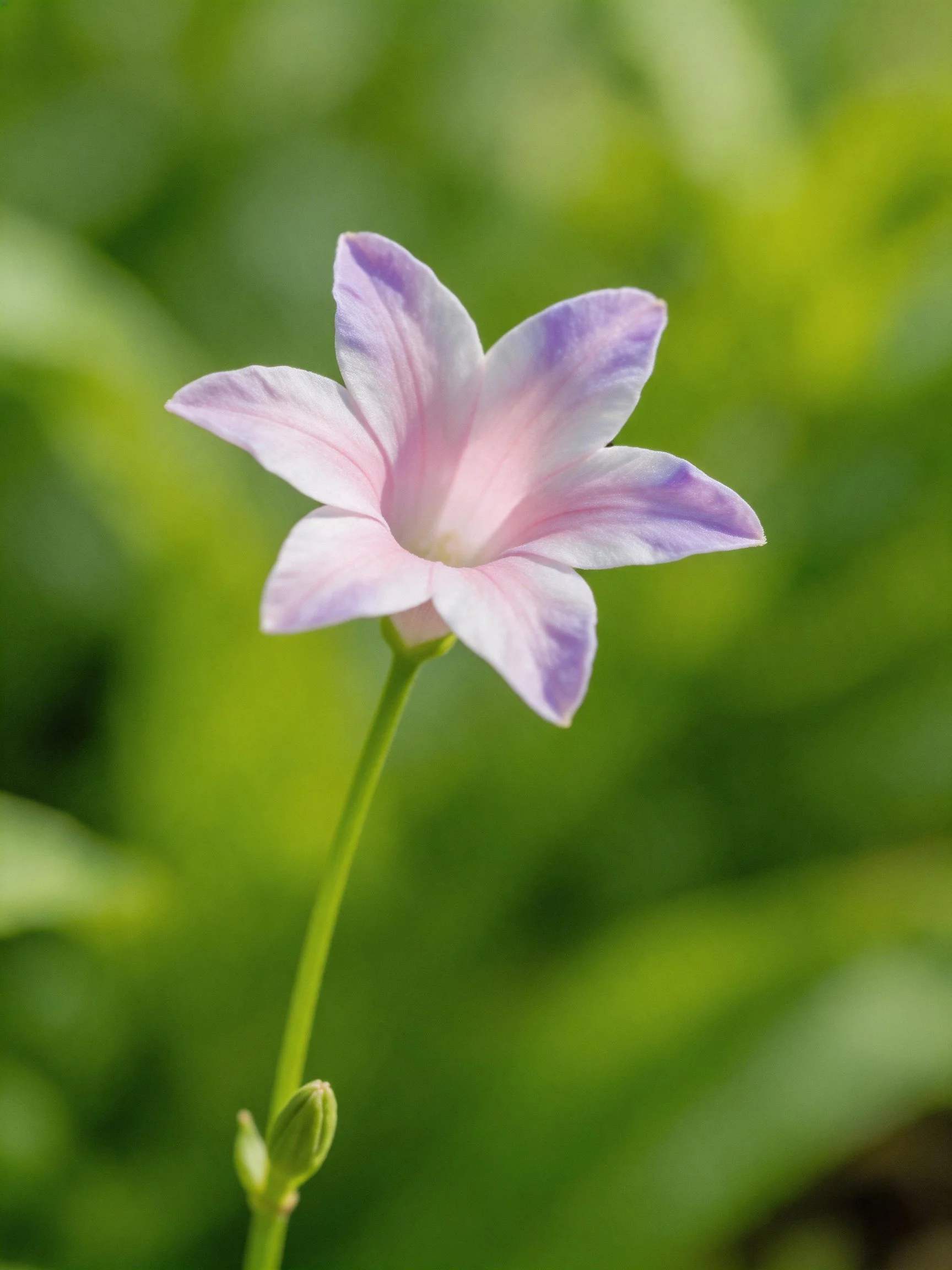 A delicate purple-pink flower blooms atop a slender green stem.