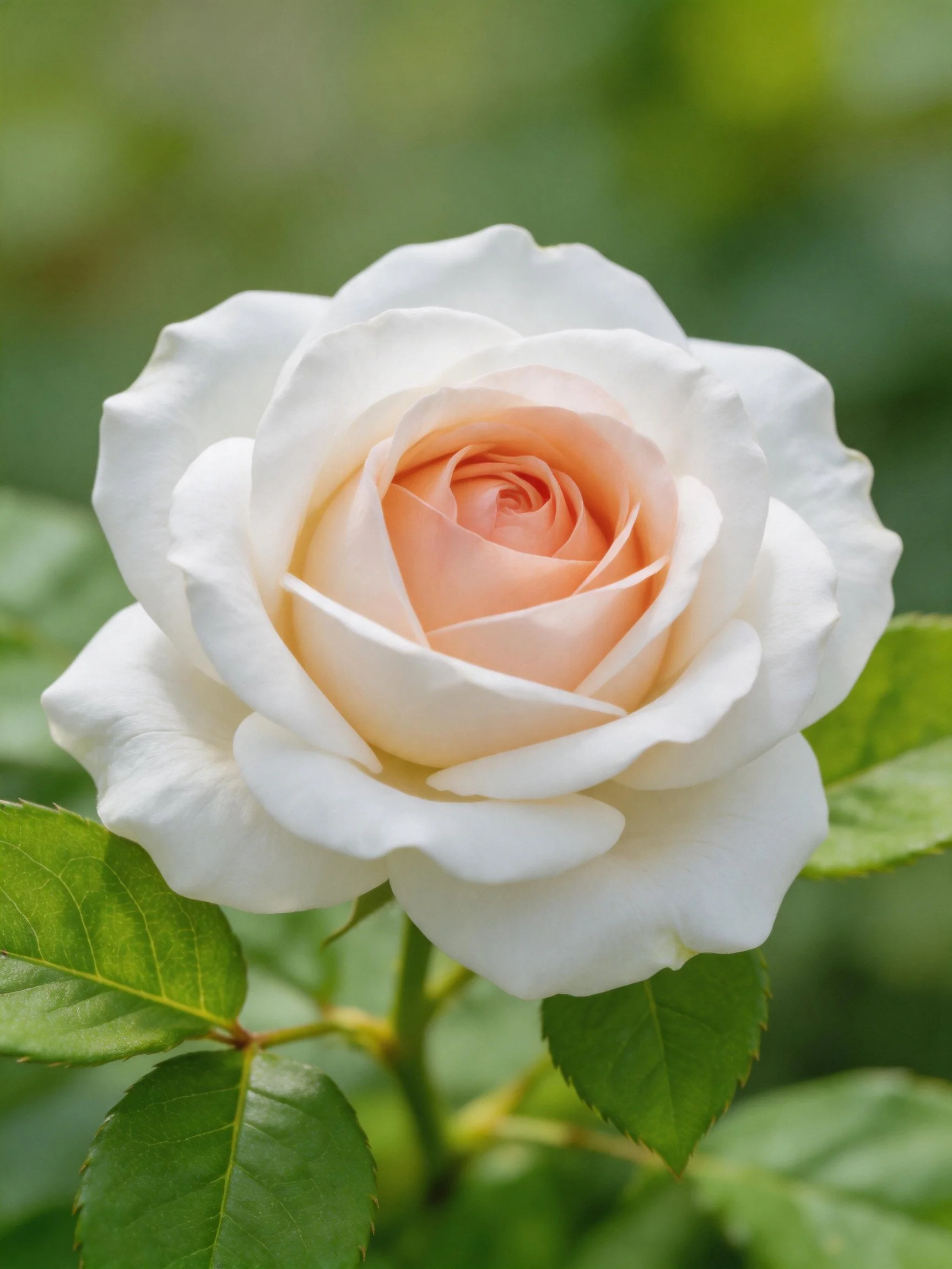 A delicate white and peach rose blooming among green foliage