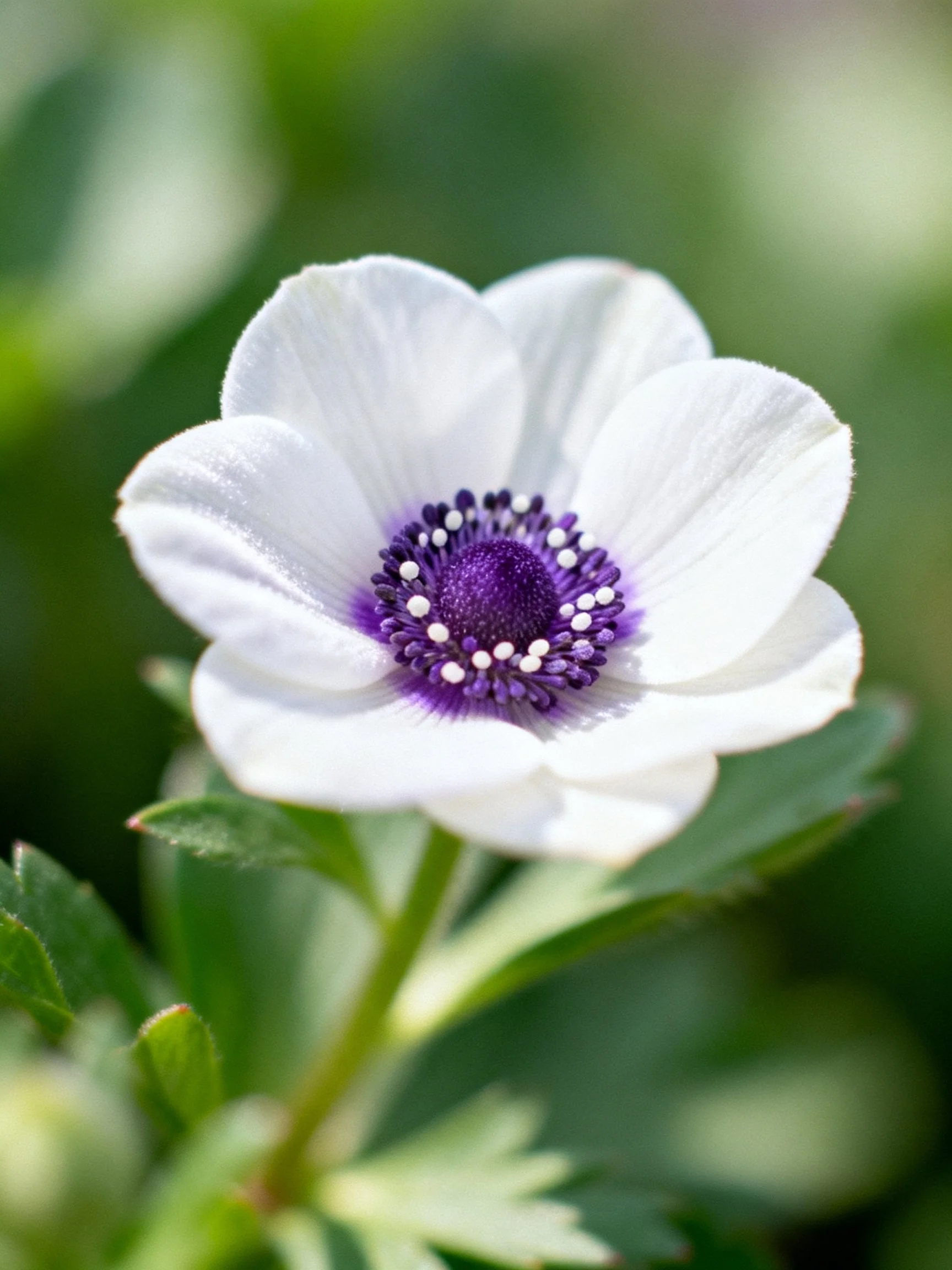 A delicate white anemone with vibrant purple center