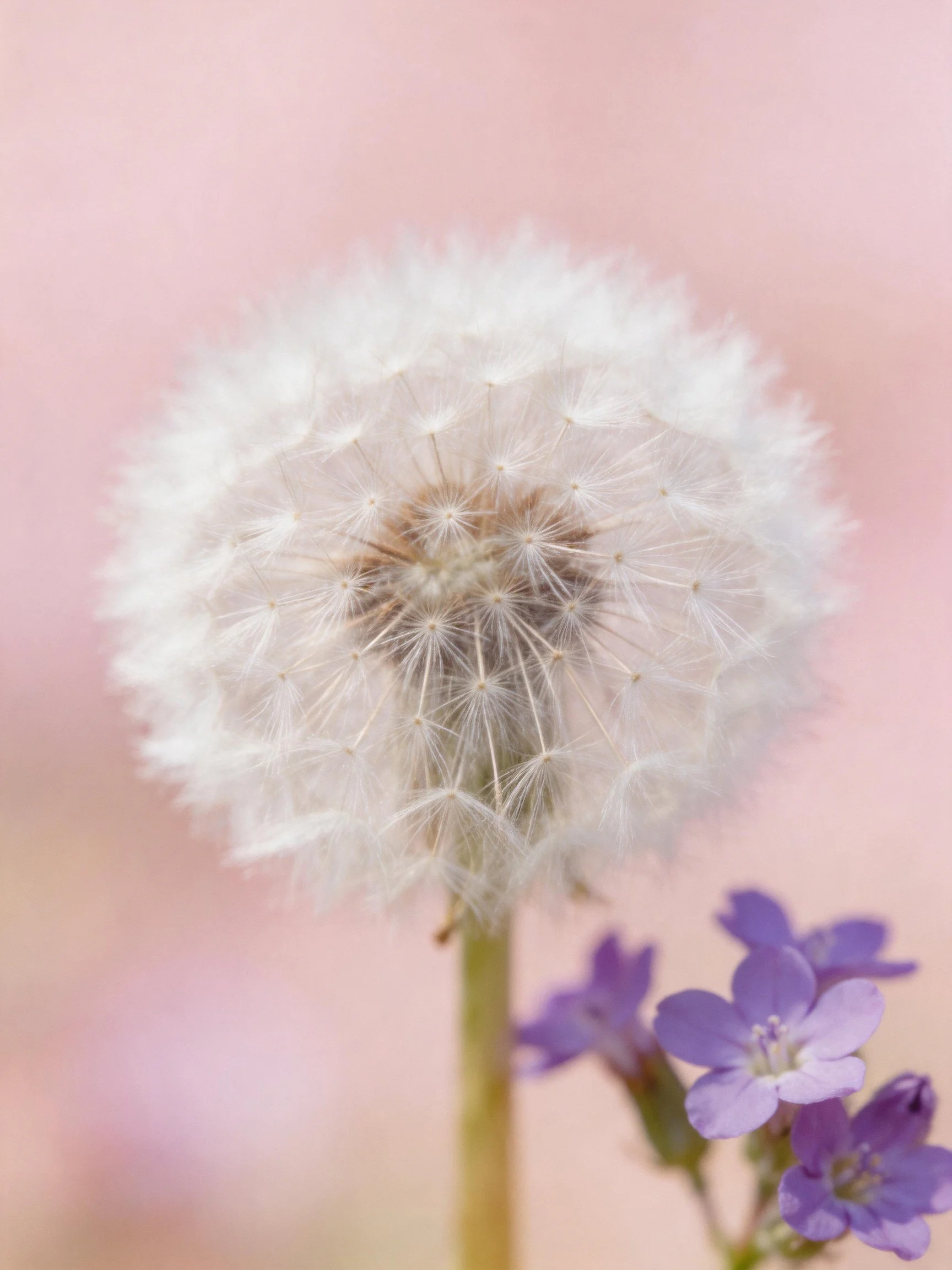 A delicate white dandelion puffball beside small purple flowers