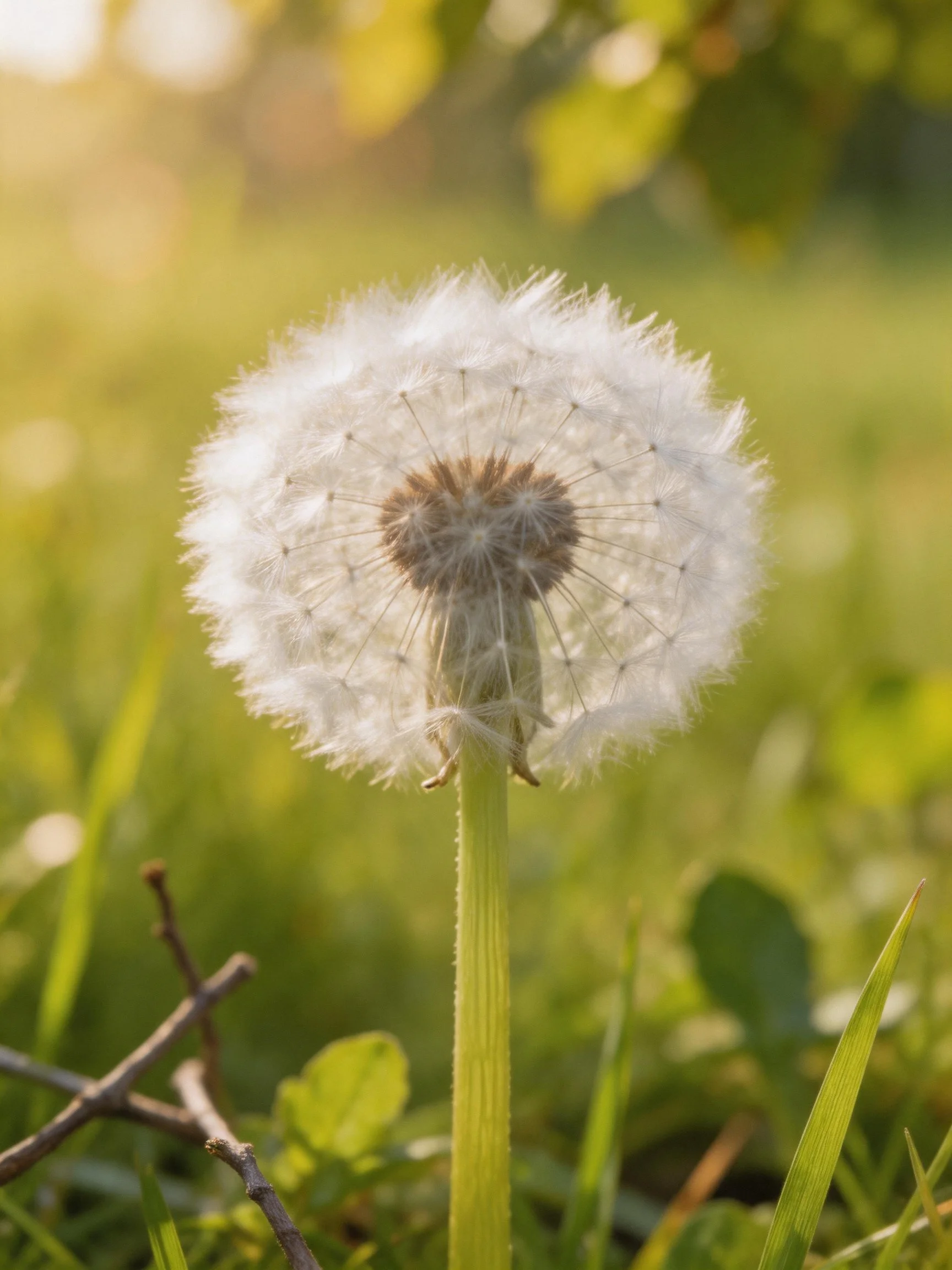 A delicate white dandelion seed head in sunlit greenery