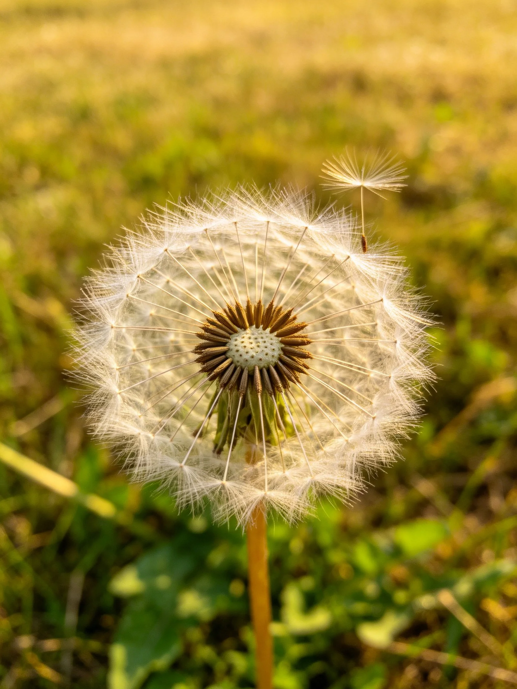 A delicate white dandelion seed head with a floating seed