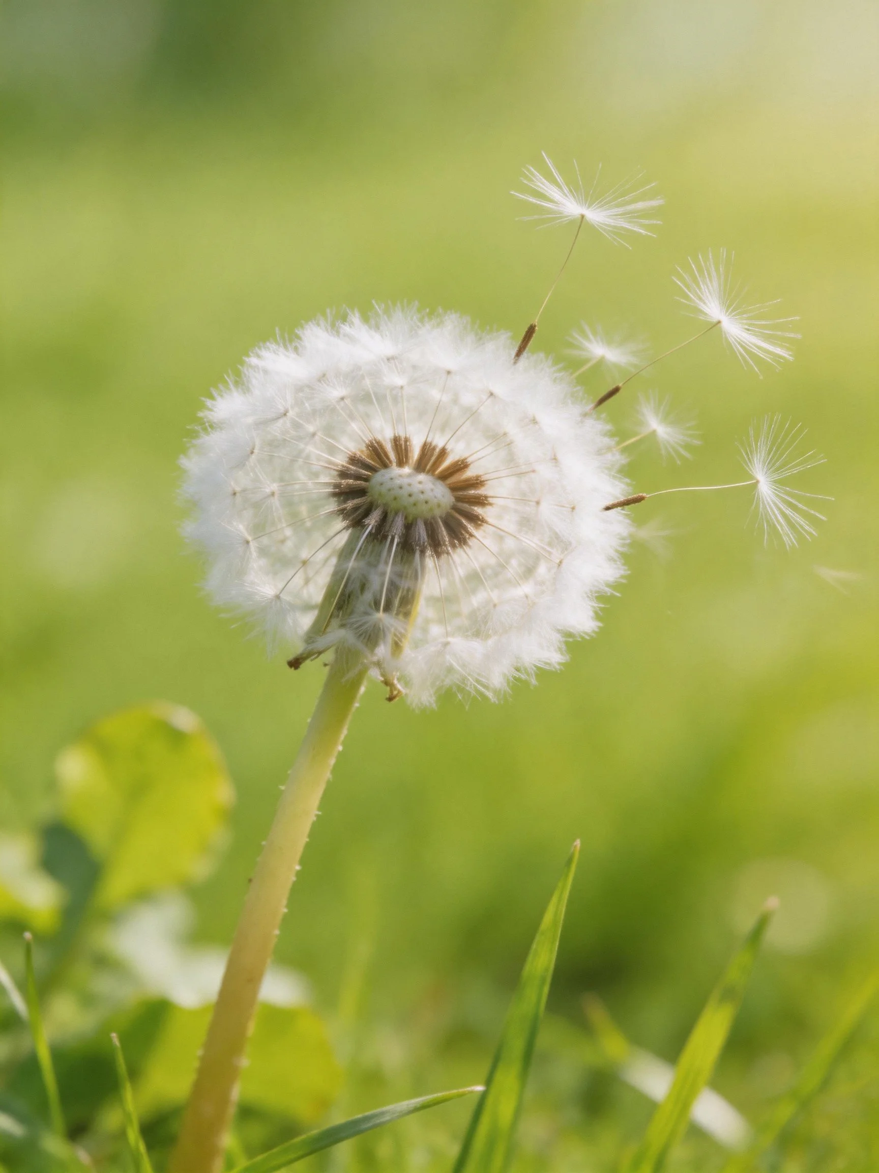 A delicate white dandelion seed head with floating filaments