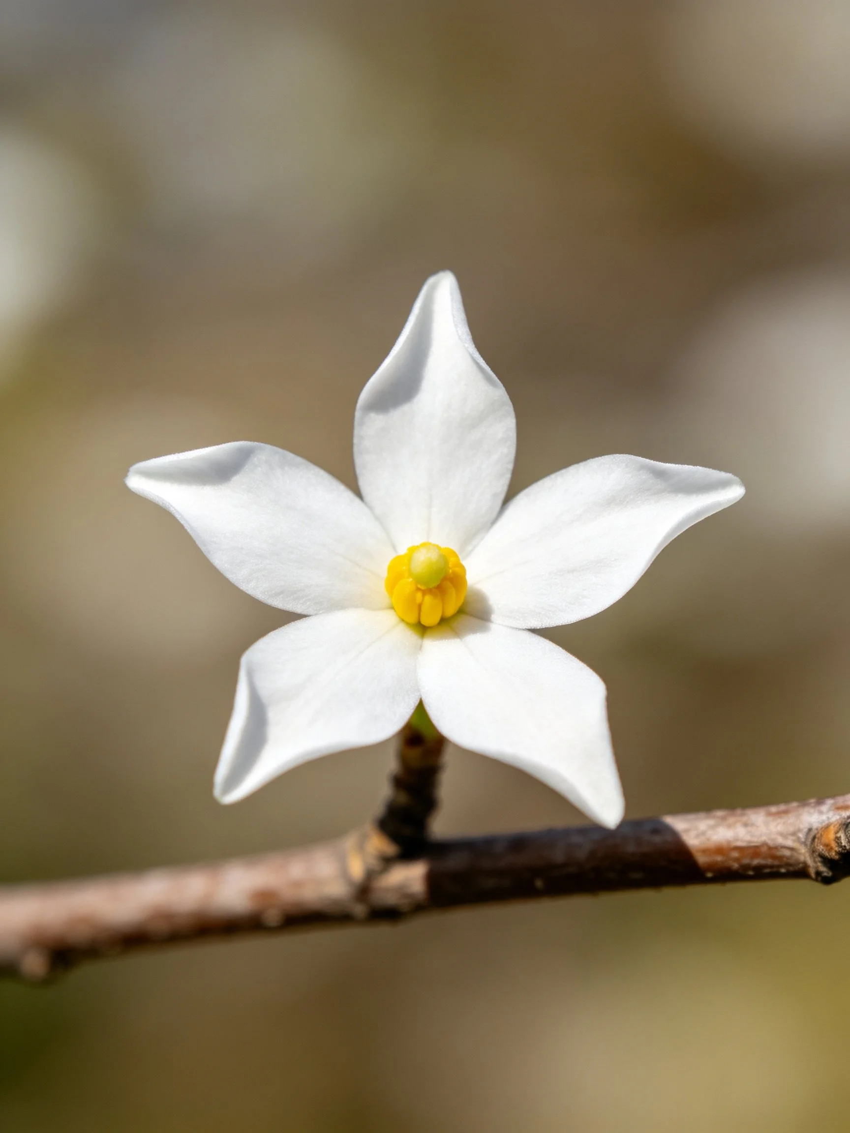 A delicate white five - petaled flower with a yellow center on a brown branch