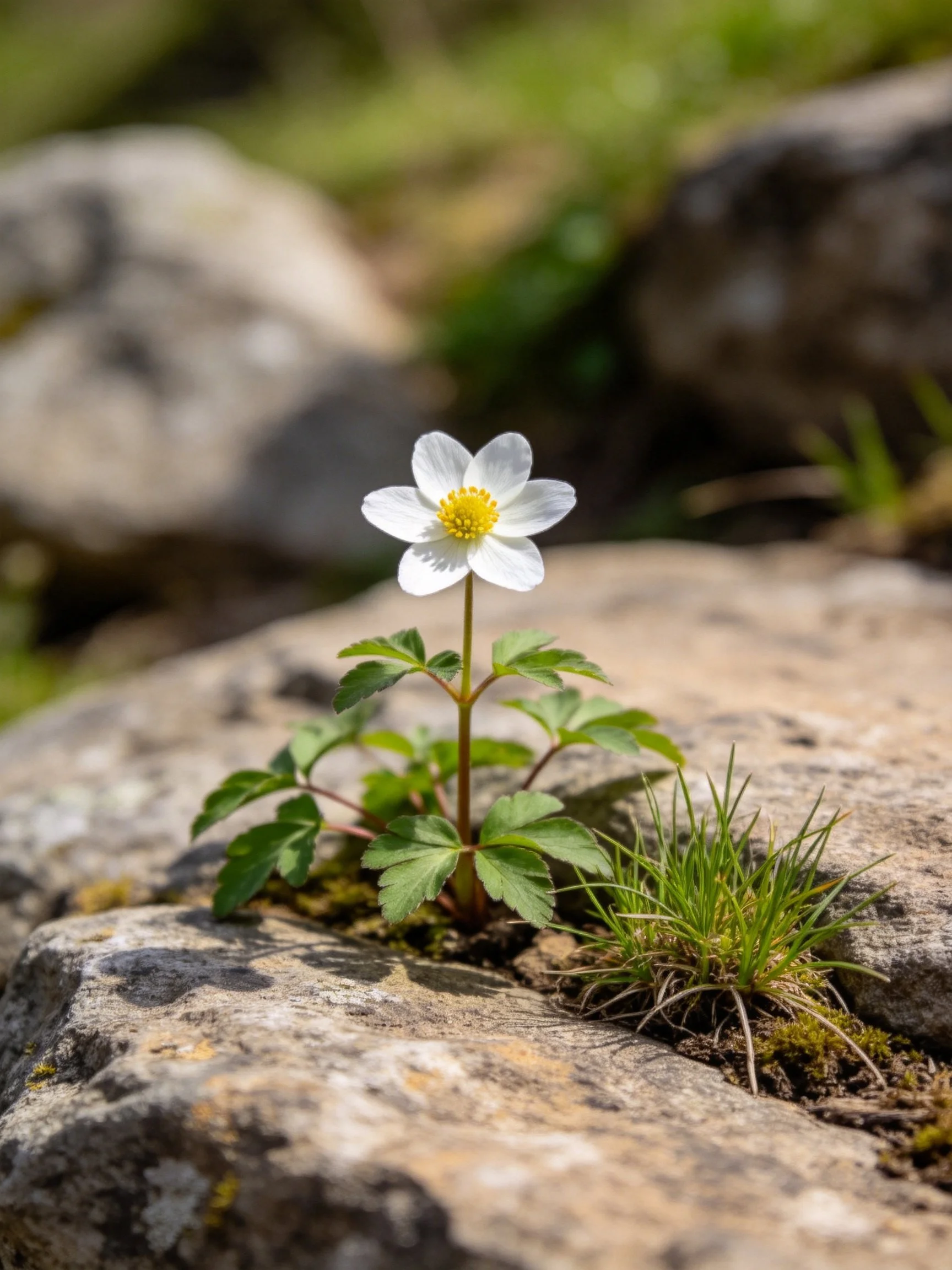 A small white flower with a yellow center grows amid rocks and greenery.