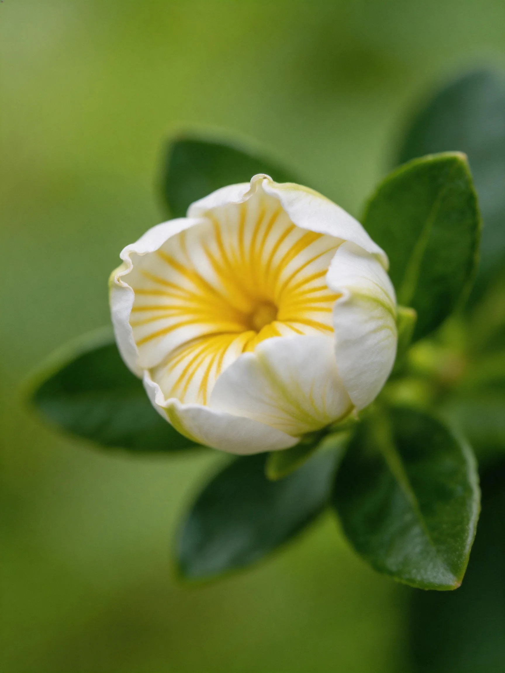 A delicate white flower bud with bright yellow center and dark green leaves