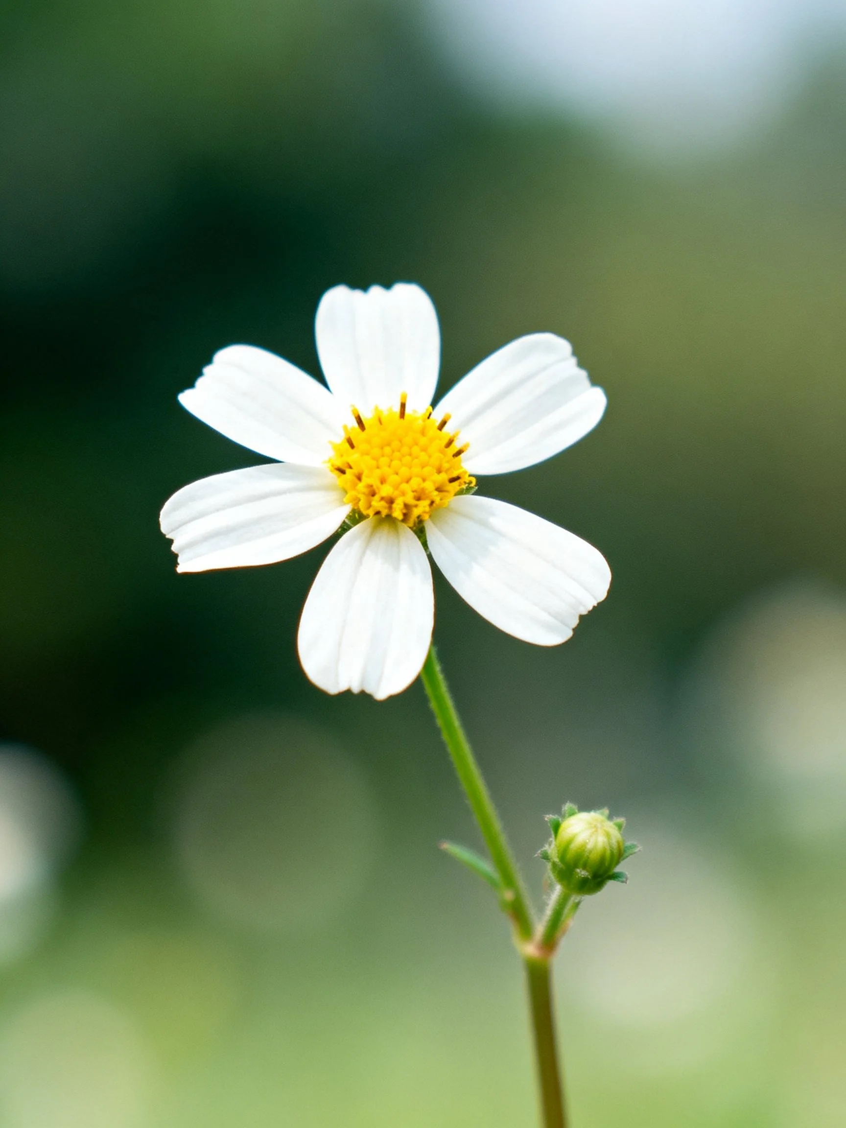 A delicate white flower with a bright yellow center