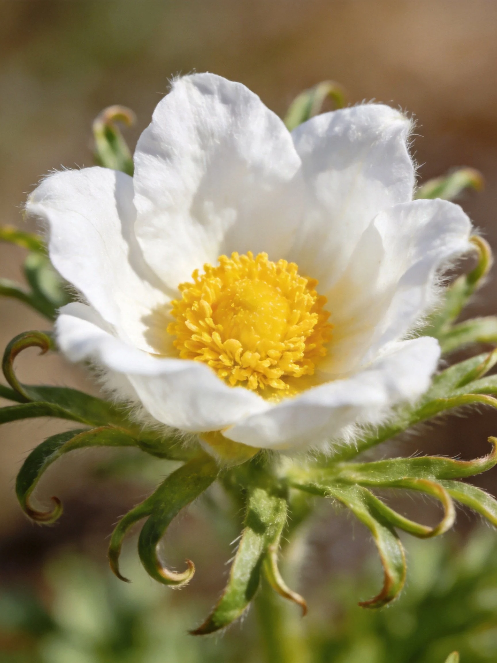 A delicate white flower with a bright yellow center