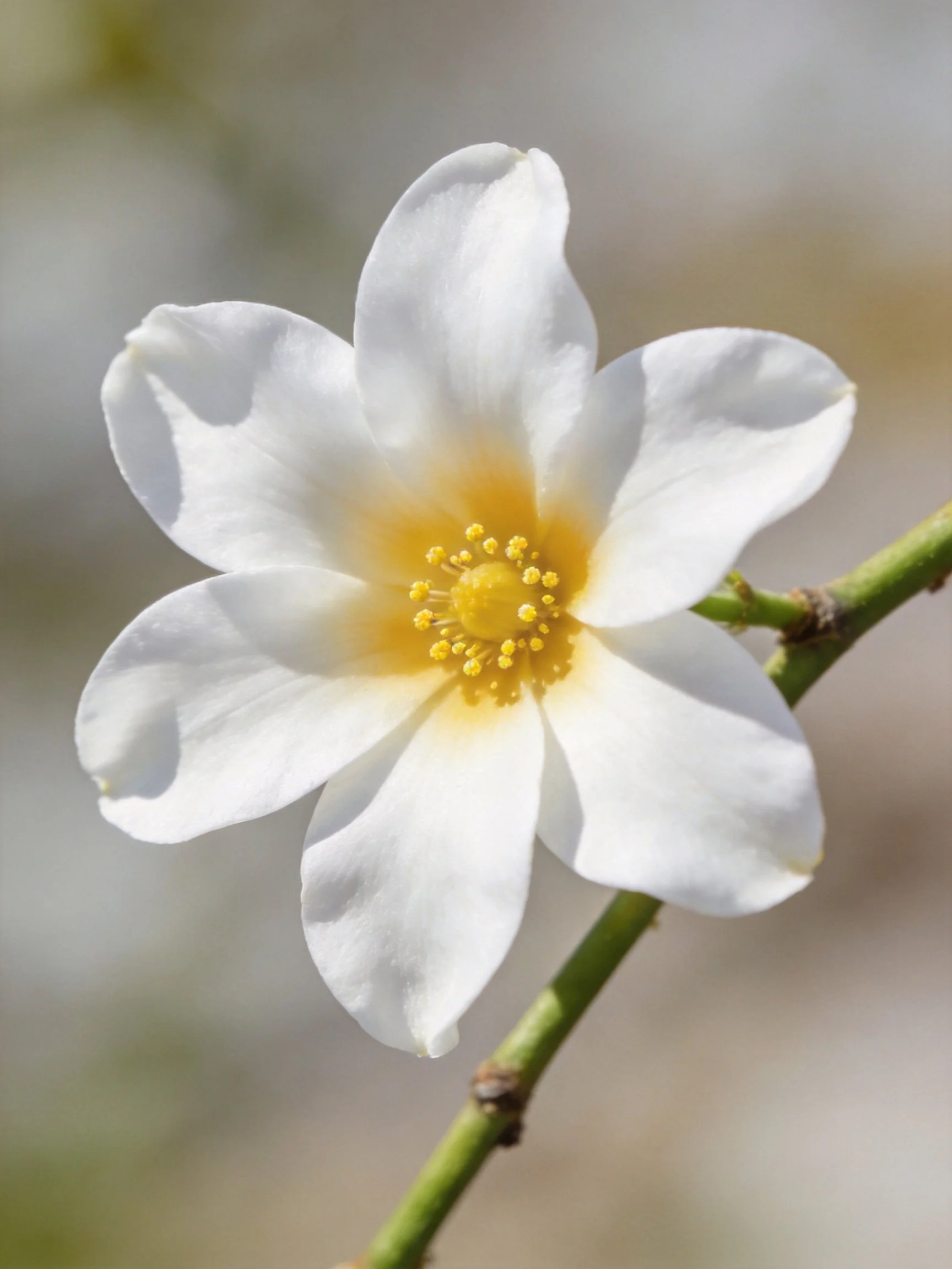 A delicate white flower with a golden center on a green stem