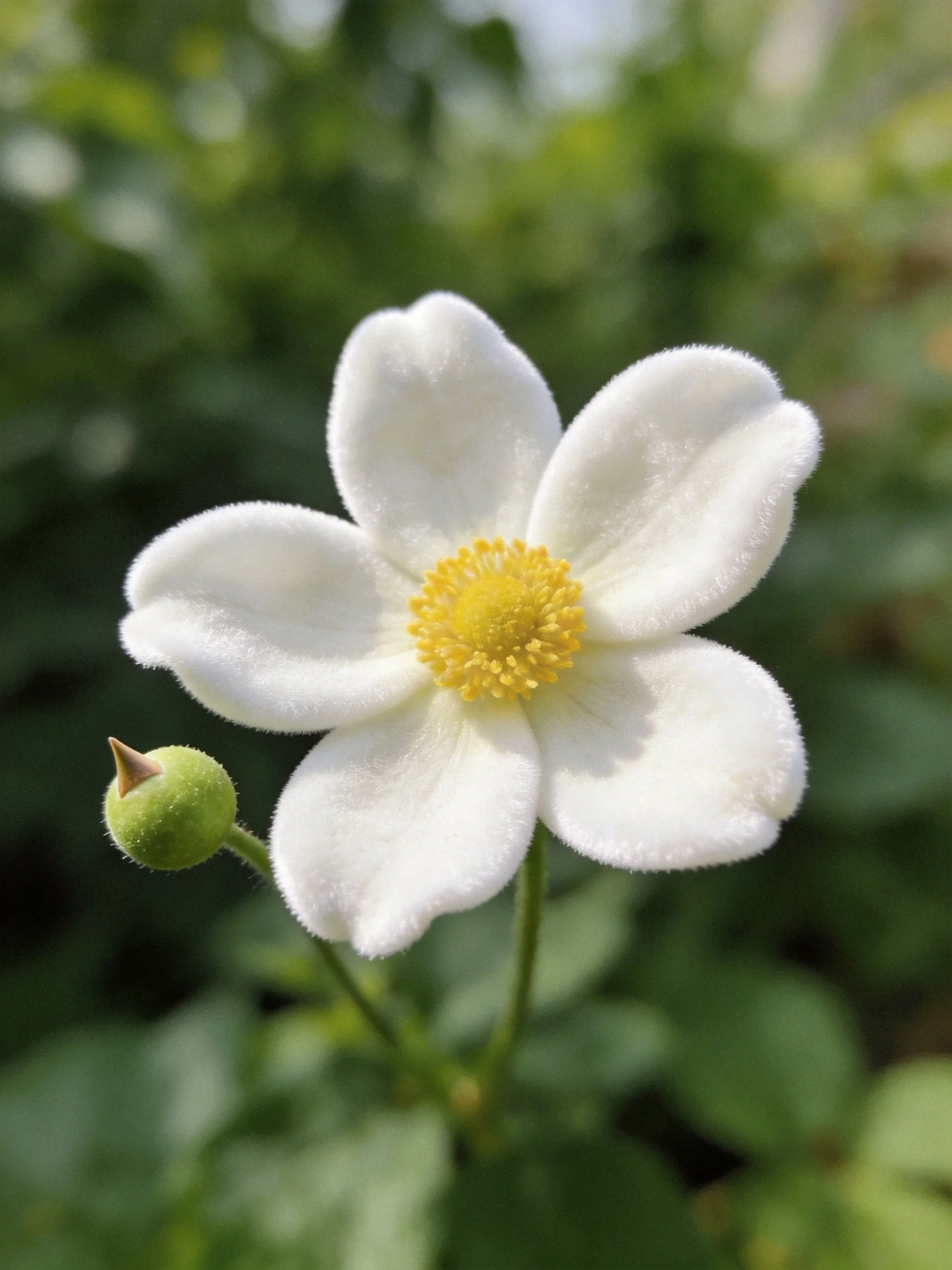A delicate white flower with a yellow center and a green bud
