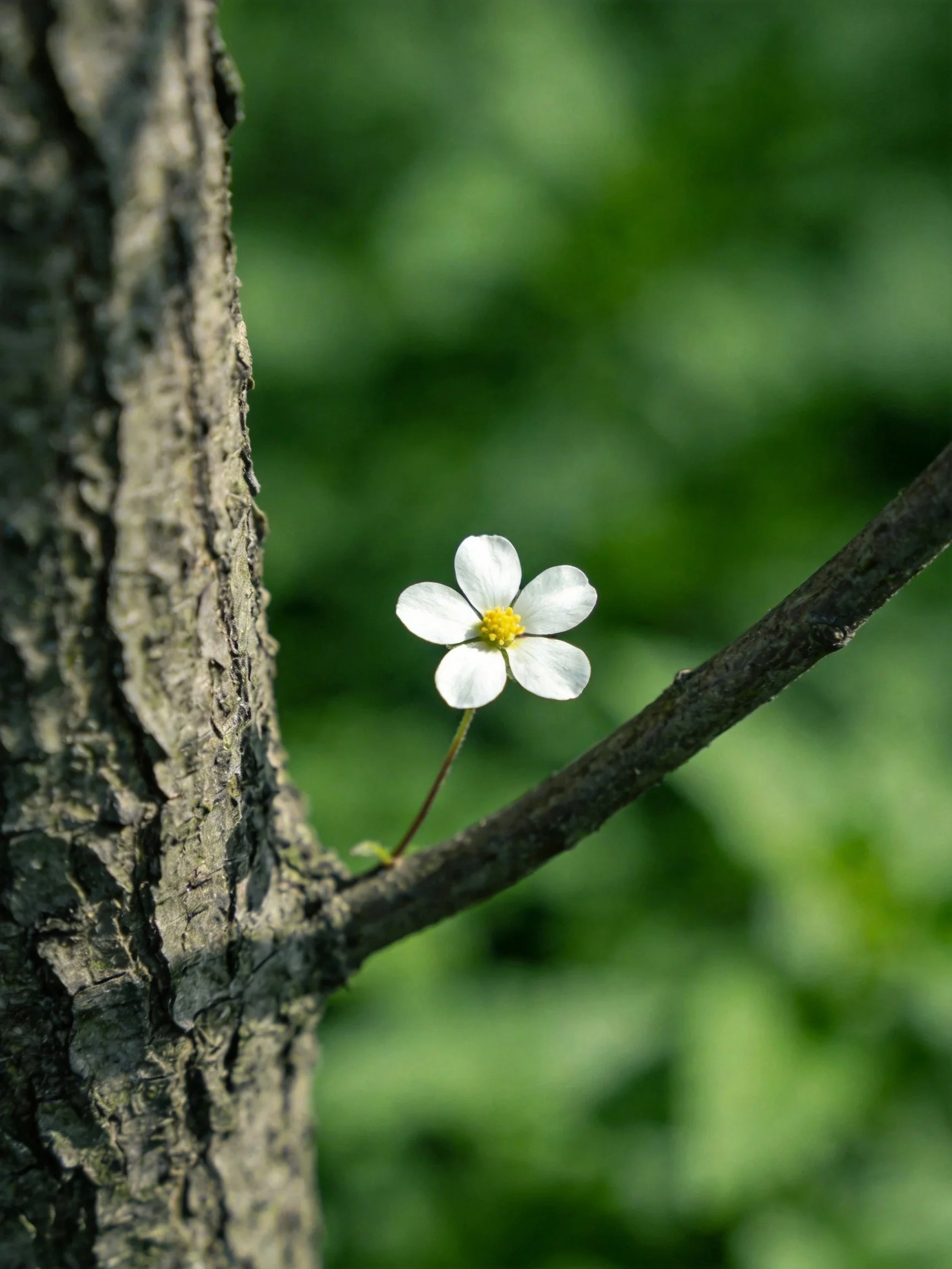 A delicate white flower with a yellow center grows beside a rough tree trunk