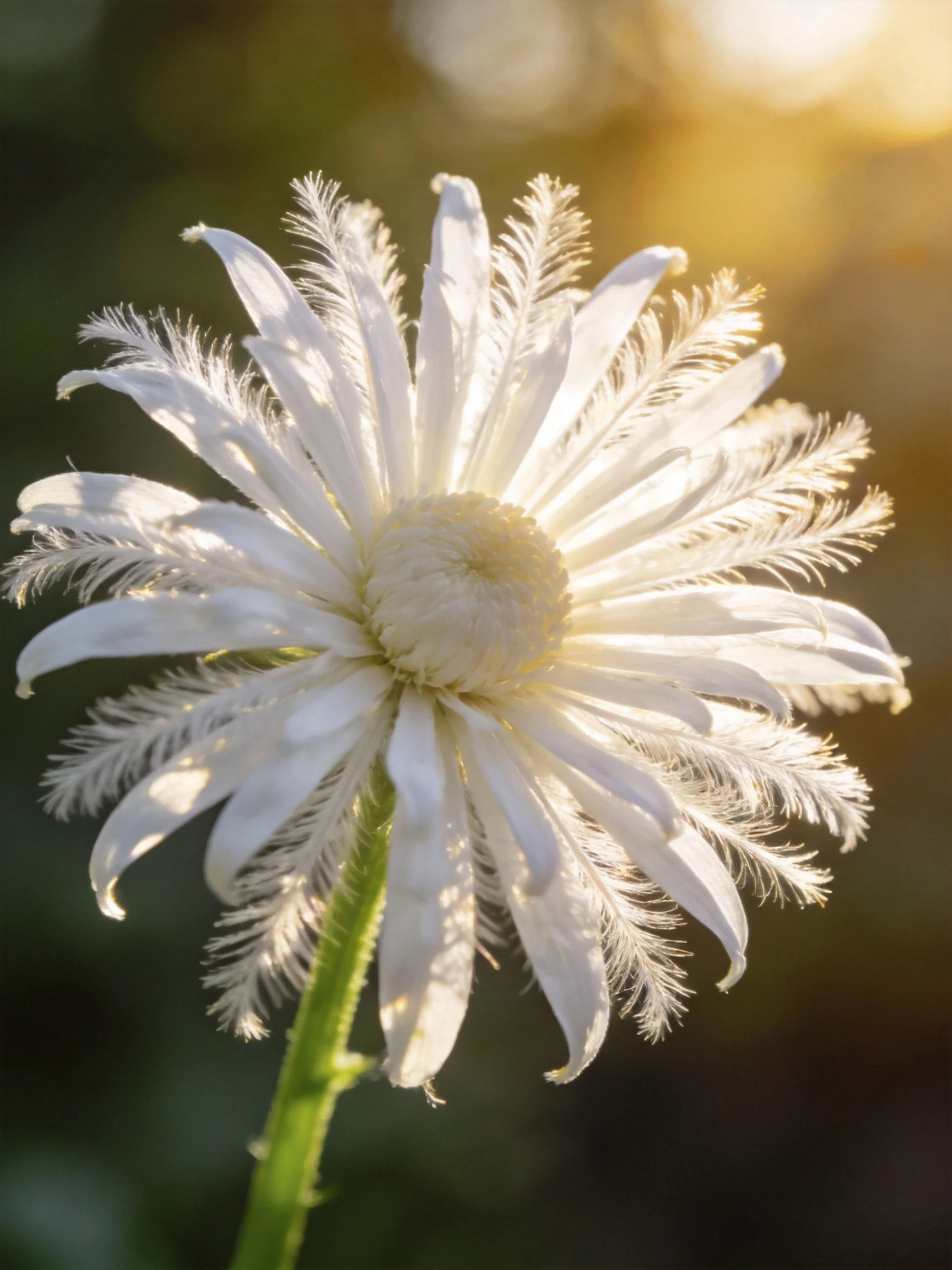 A delicate white flower with feathery petals bathedin golden sunlight