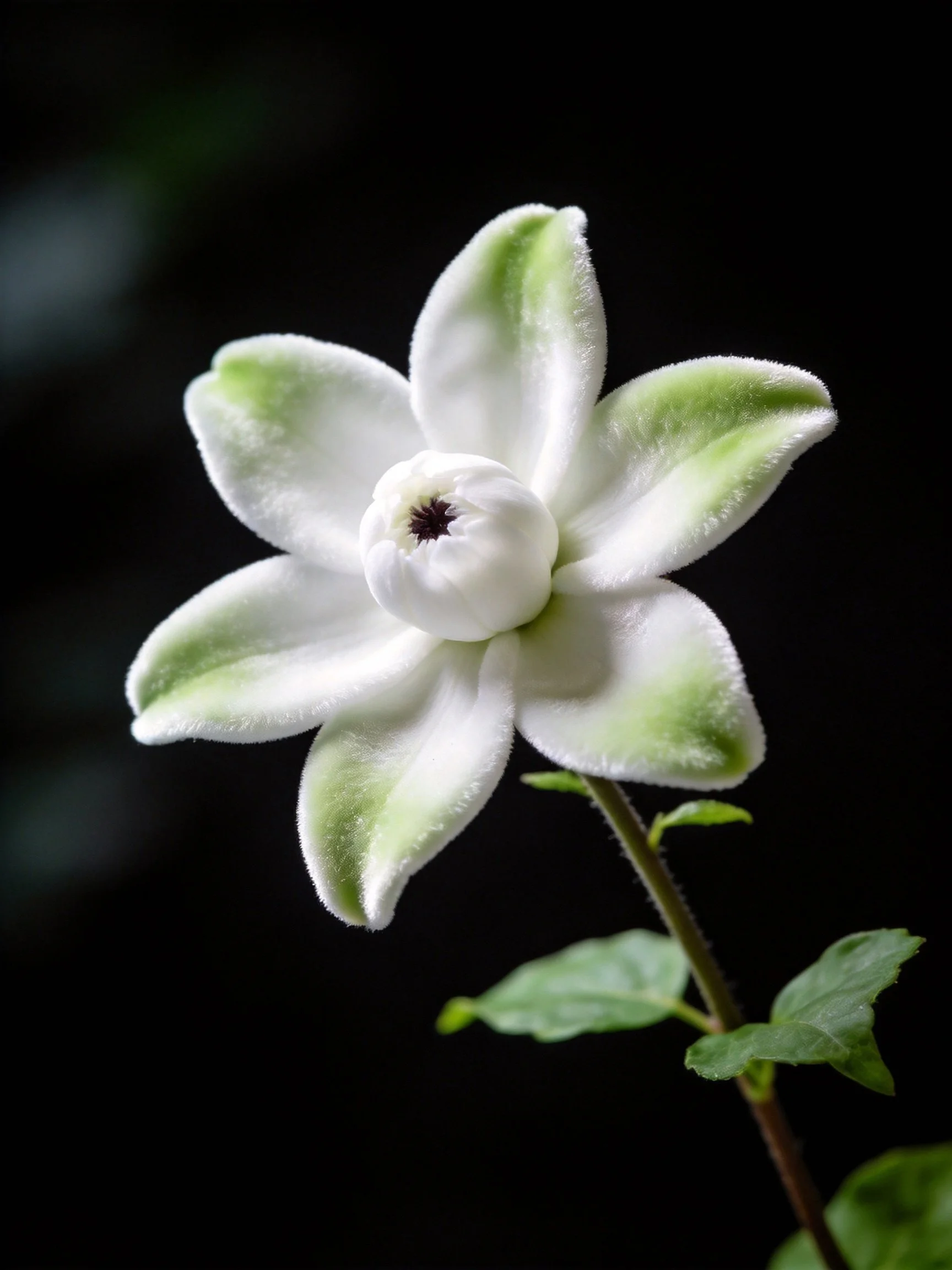 A delicate white flower with green-edged petals against a dark backdrop