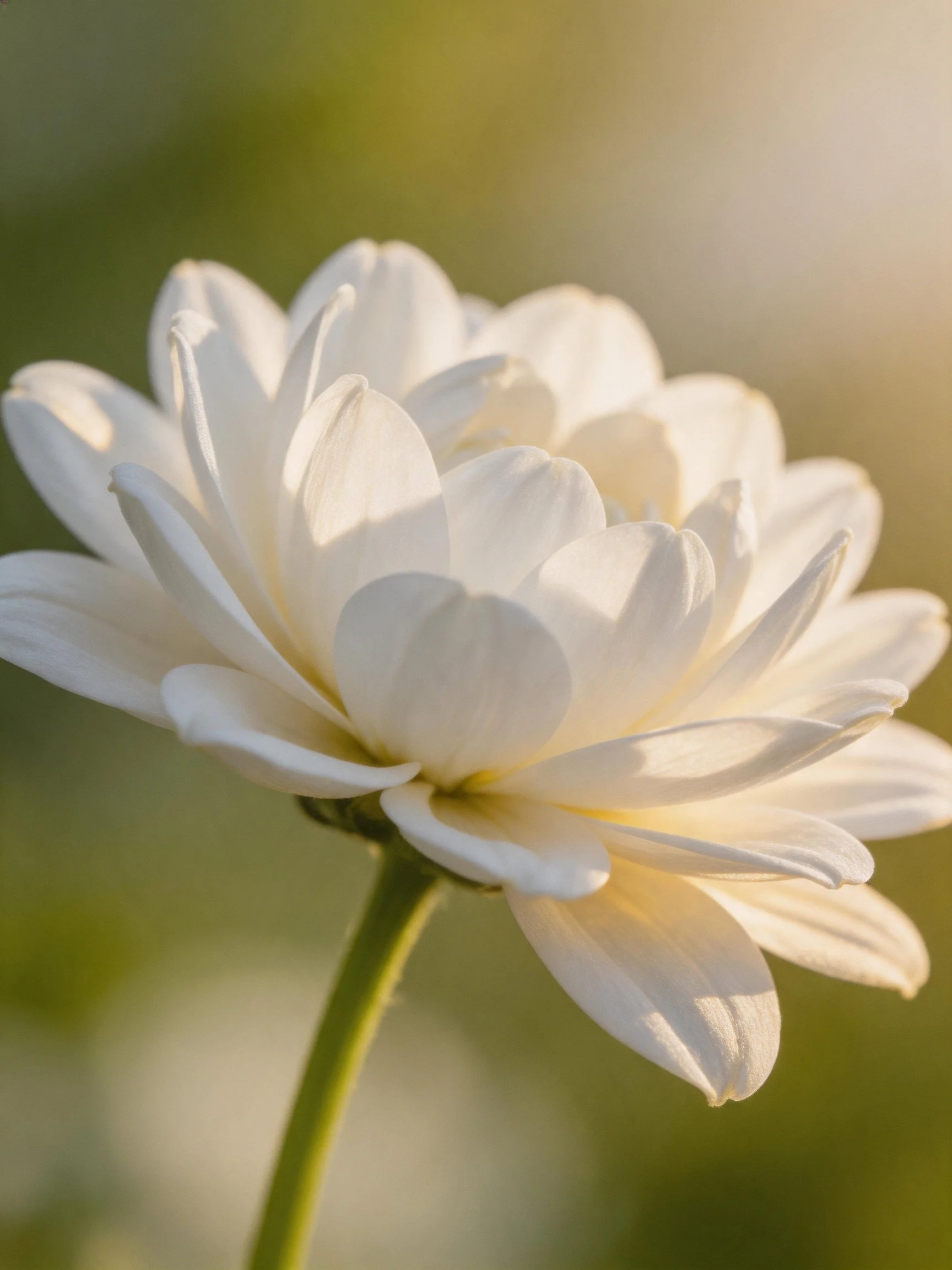 A delicate white flower with layered petals, green stem, soft bokeh background