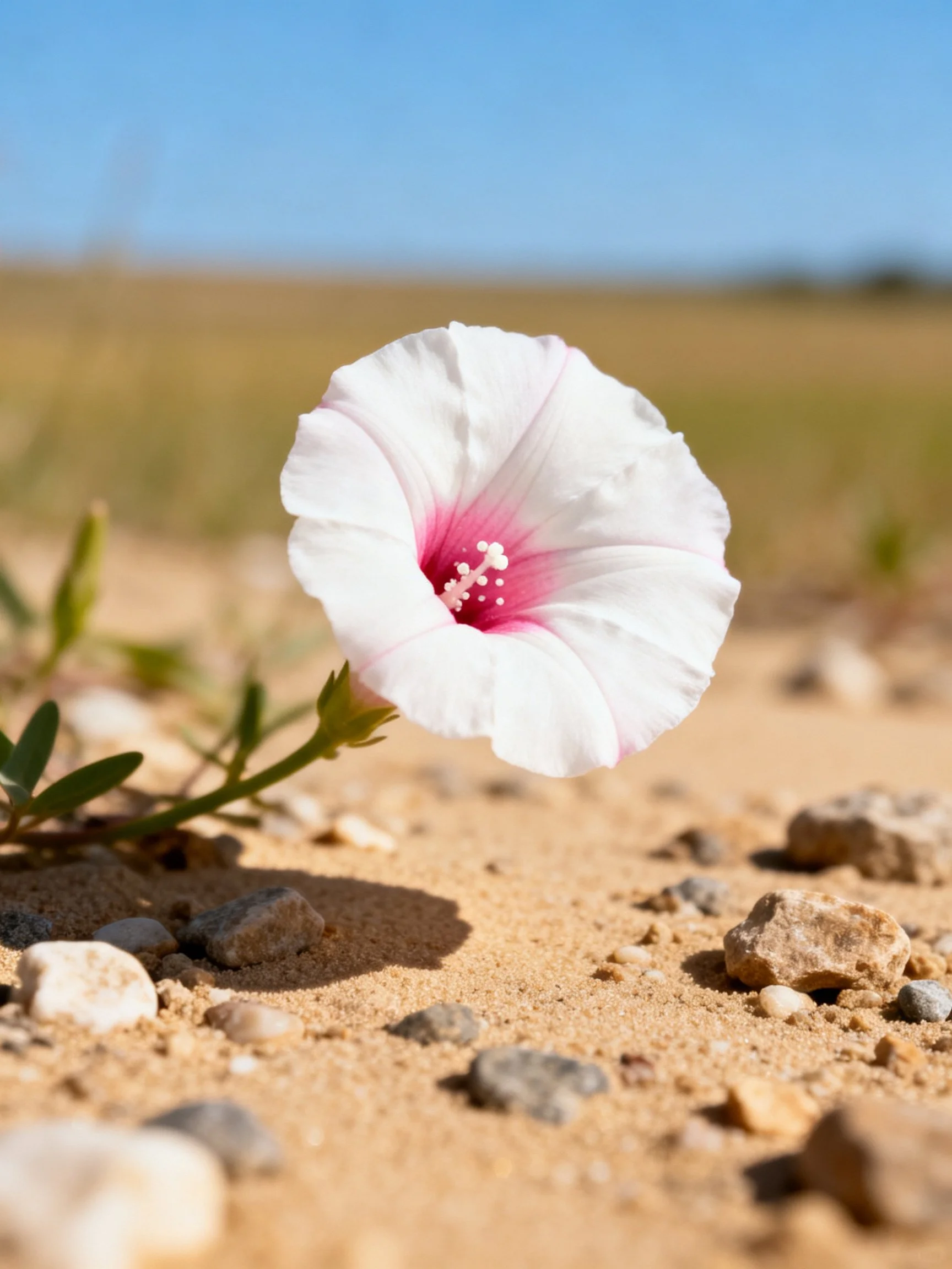 A delicate white flower with pink center blooms on sandy terrain among scattered stones