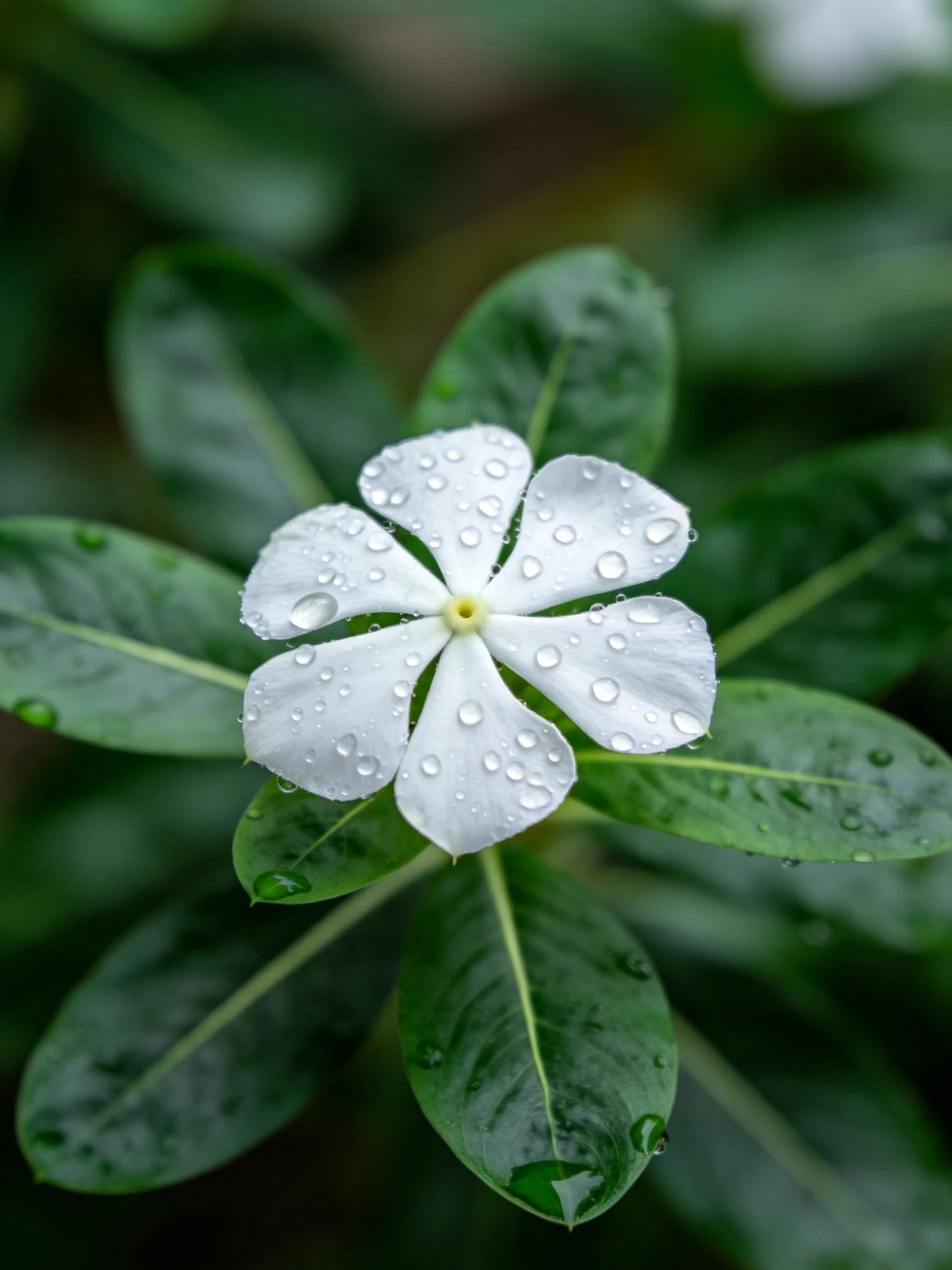 A delicate white flower with water droplets amid glossy green leaves