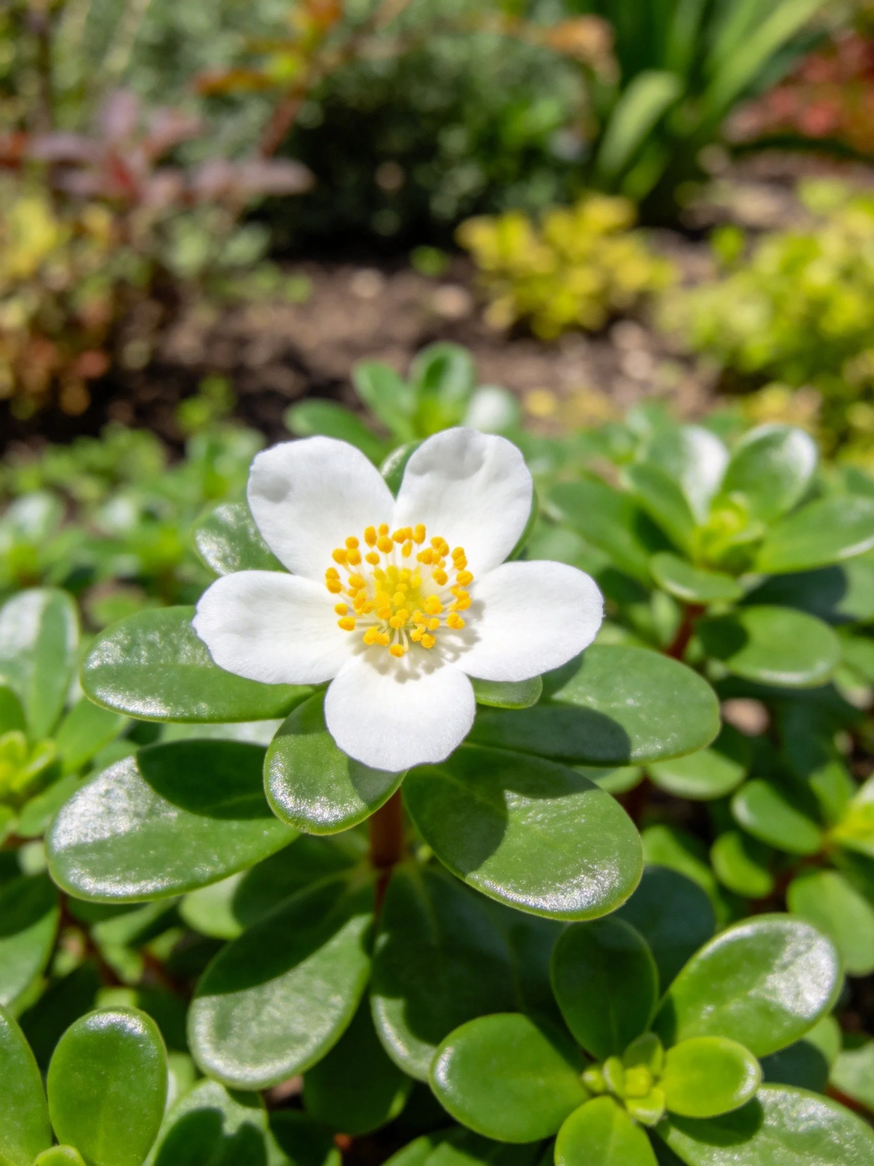 A delicate white flower with yellow center amid glossy green leaves