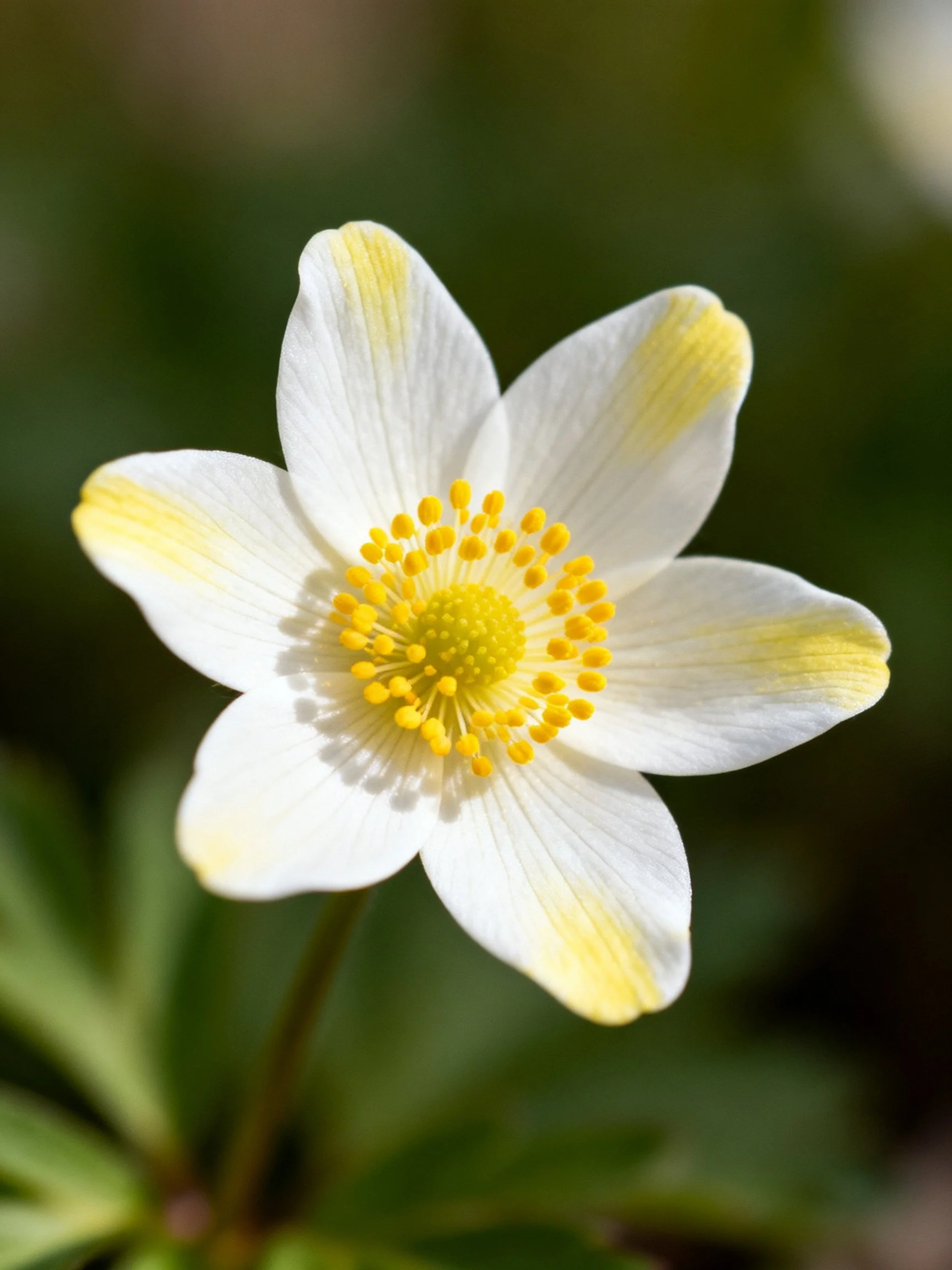 A delicate white flower with yellow-tipped petals and a vibrant yellow center