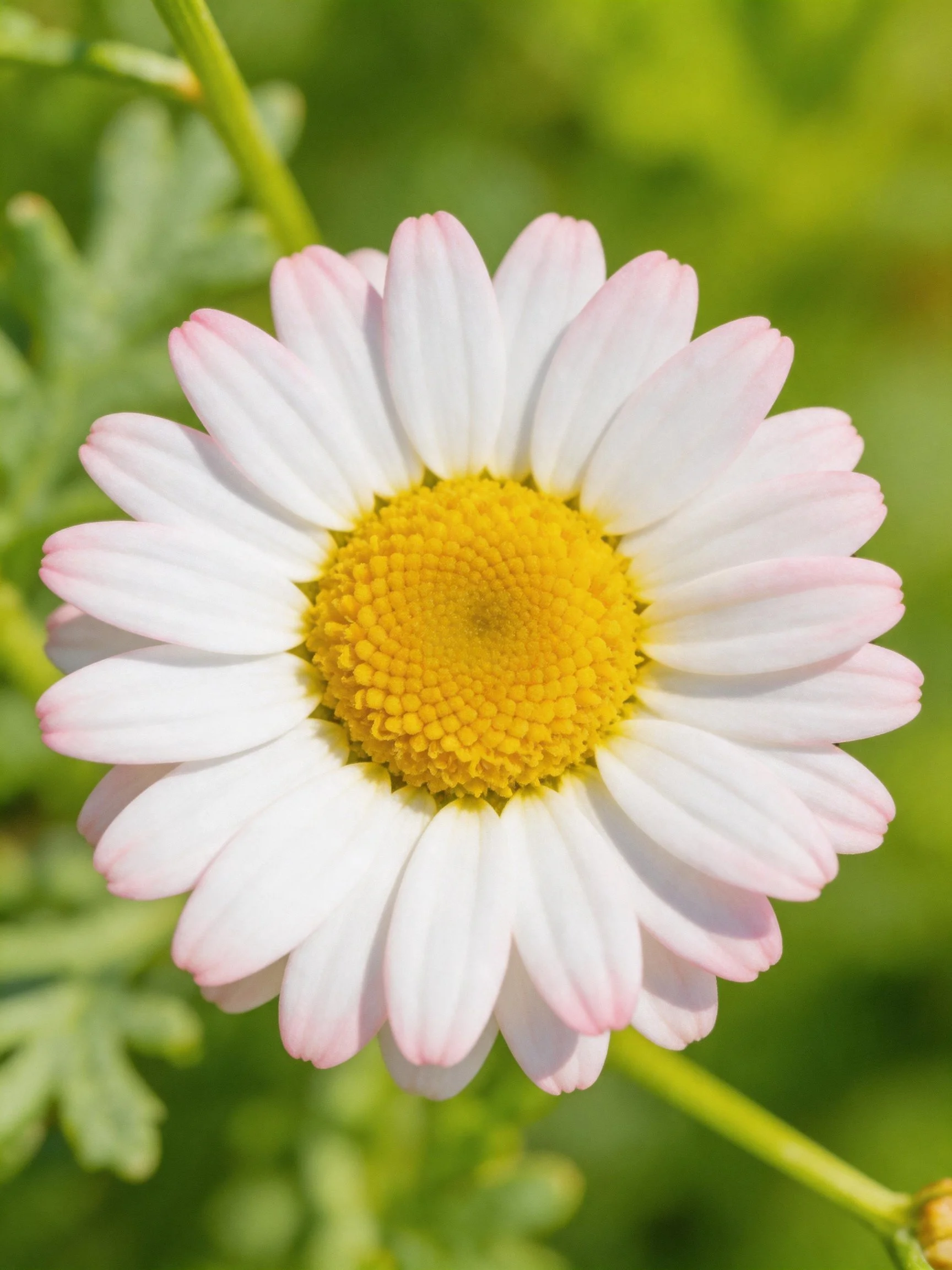 A delicate white-pink daisy with a bright yellow center