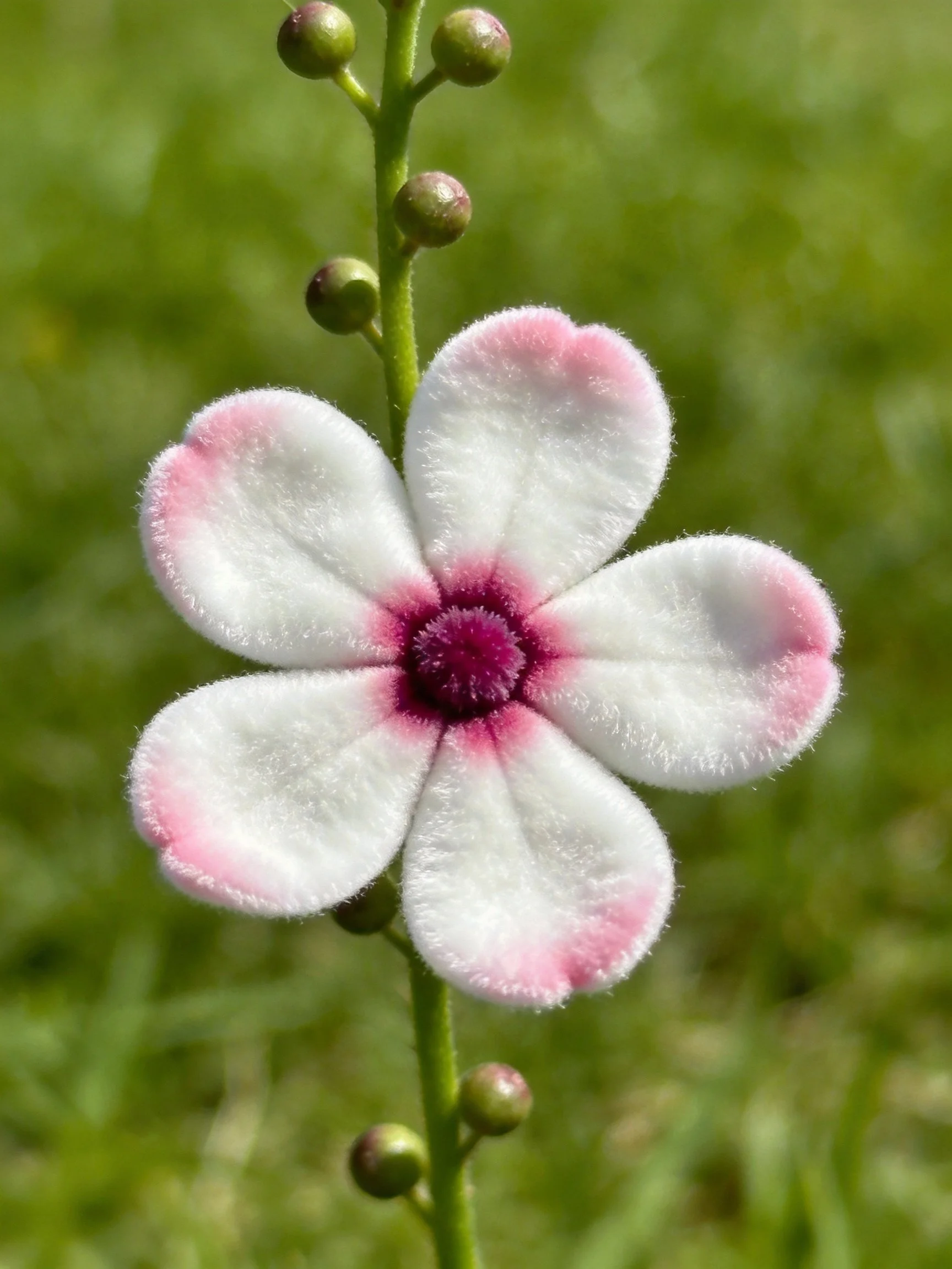 A delicate white-pink flower with purple center and green buds
