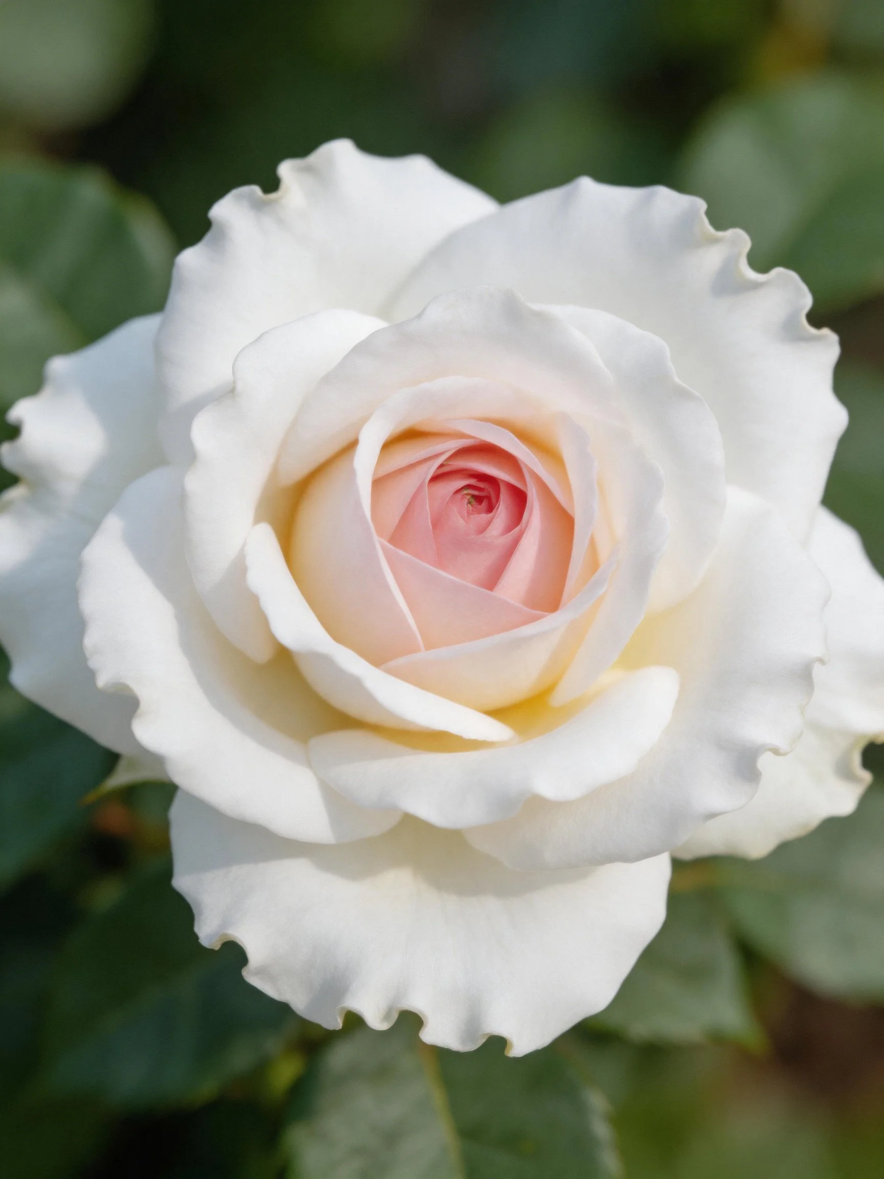 A delicate white rose with soft pink center amid green foliage