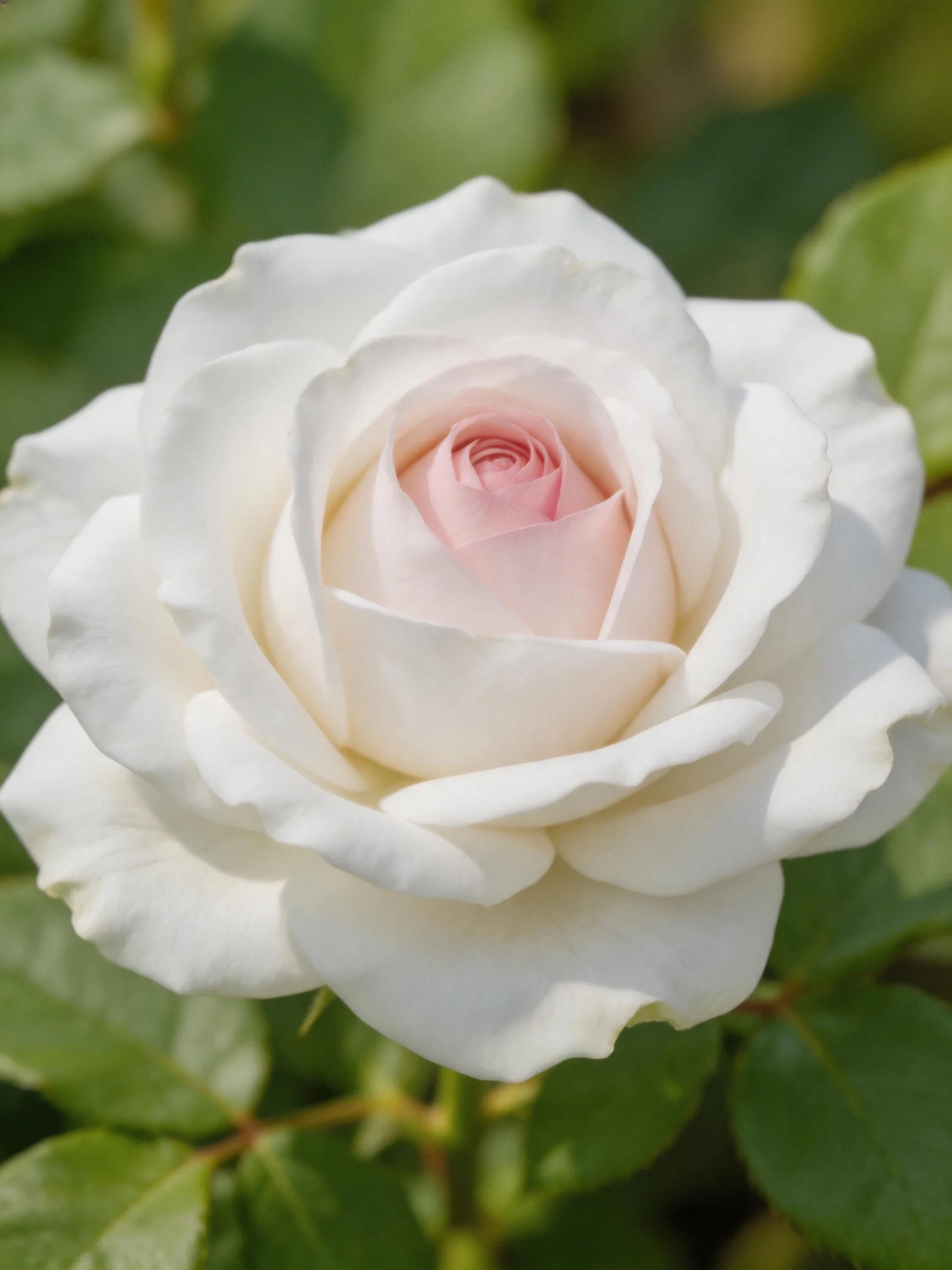 A delicate white rose with soft pink center and lush green foliage