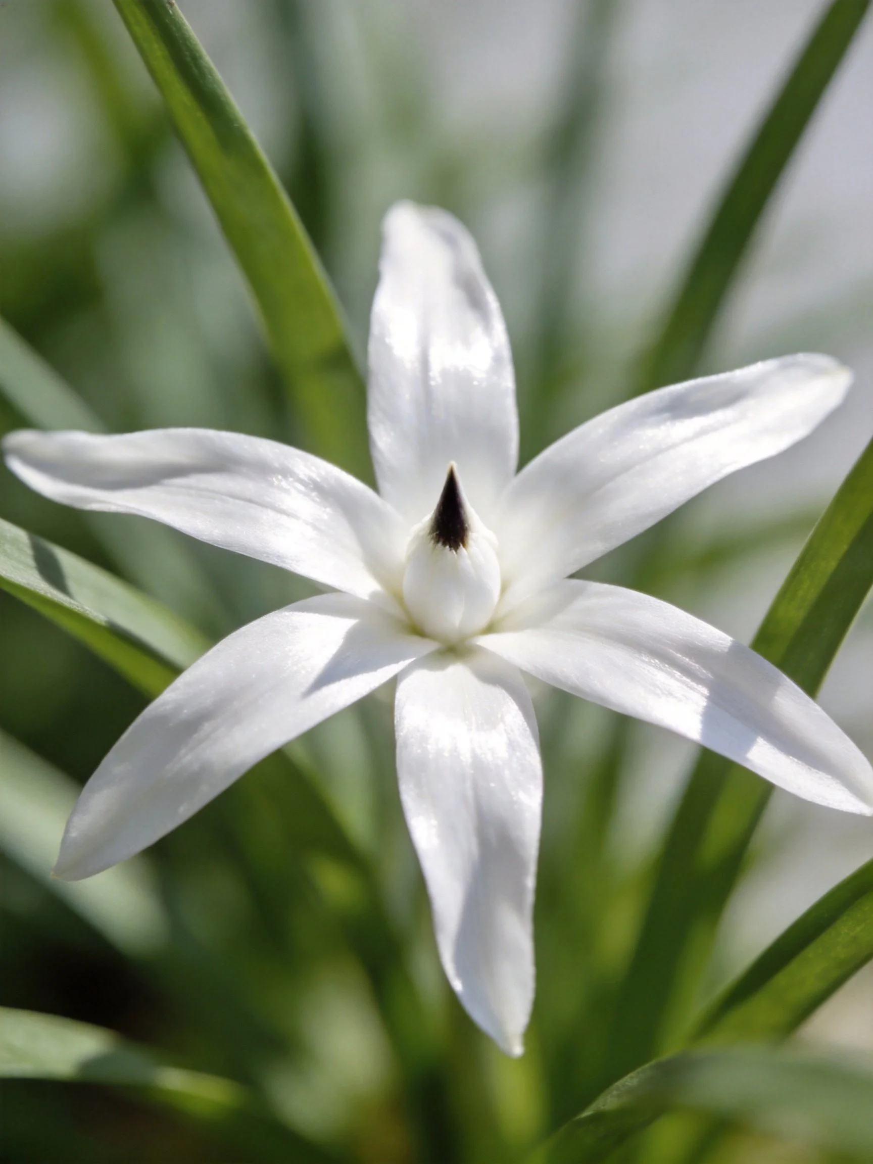 A delicate white star - shaped flower with green foliage