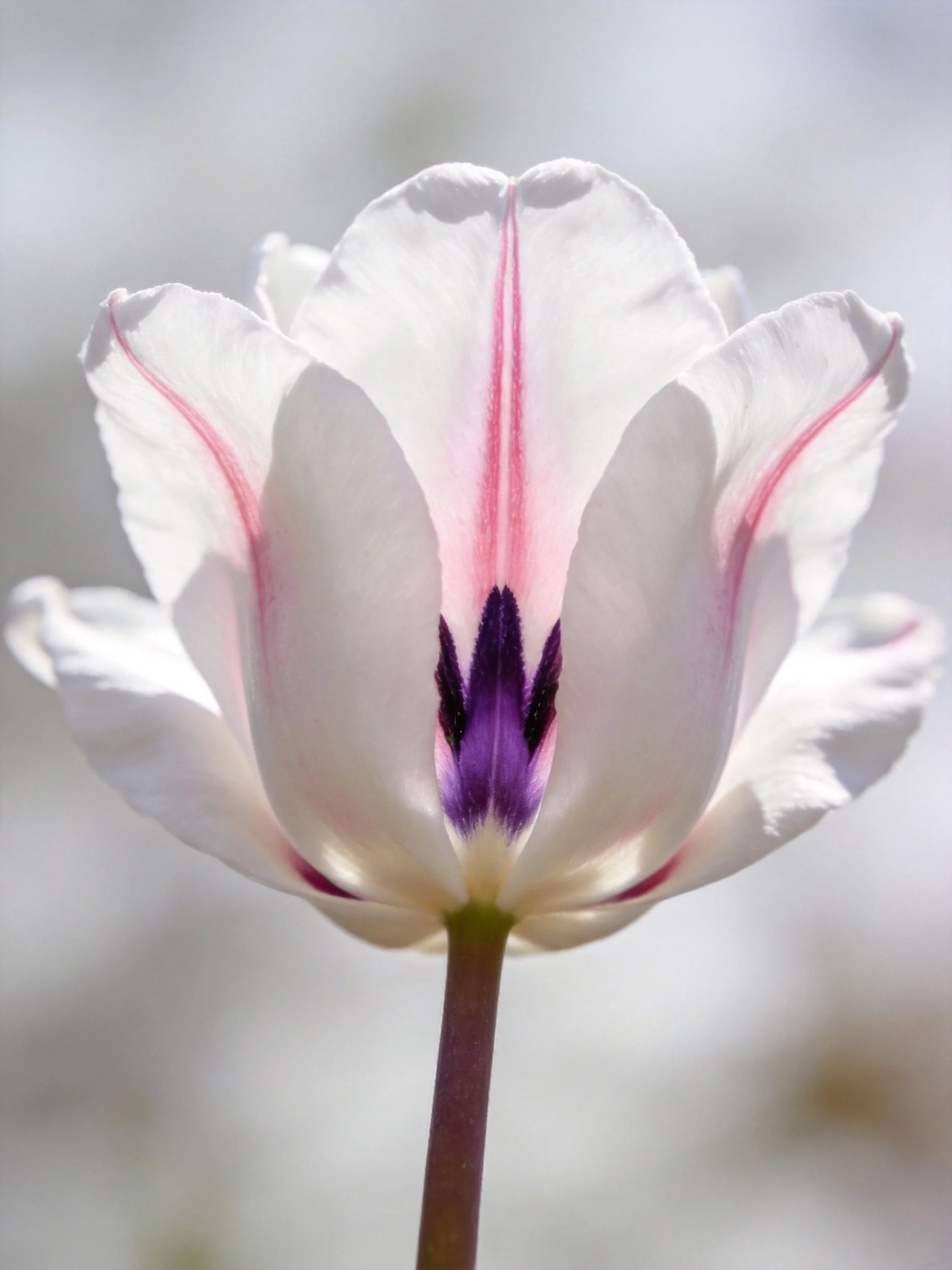A delicate white tulip with pink petal stripes and purple center