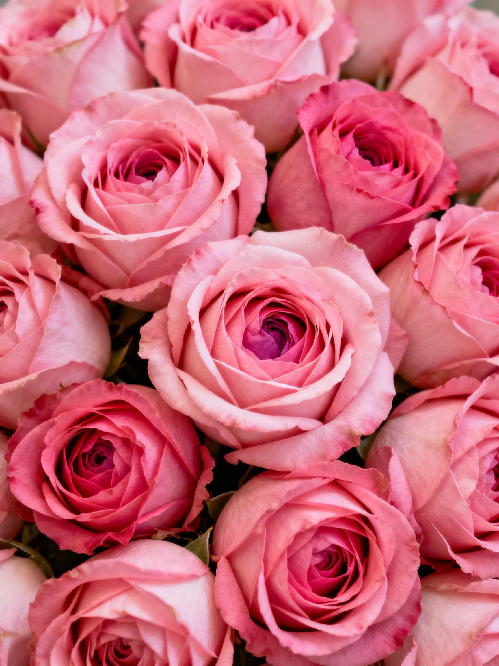 A dense arrangement of assorted pink roses with varying shades