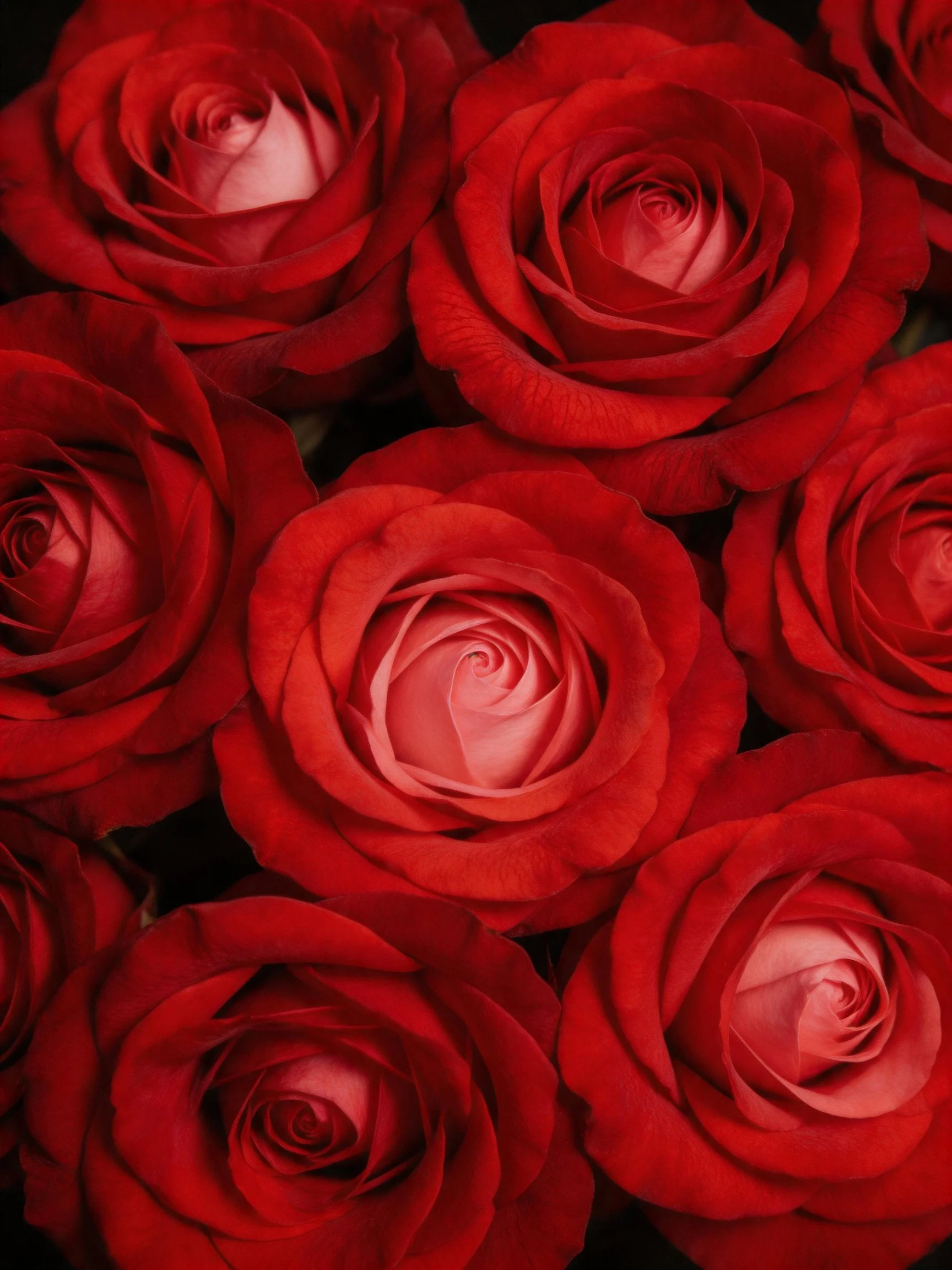 A dense arrangement of vibrant red roses in full bloom
