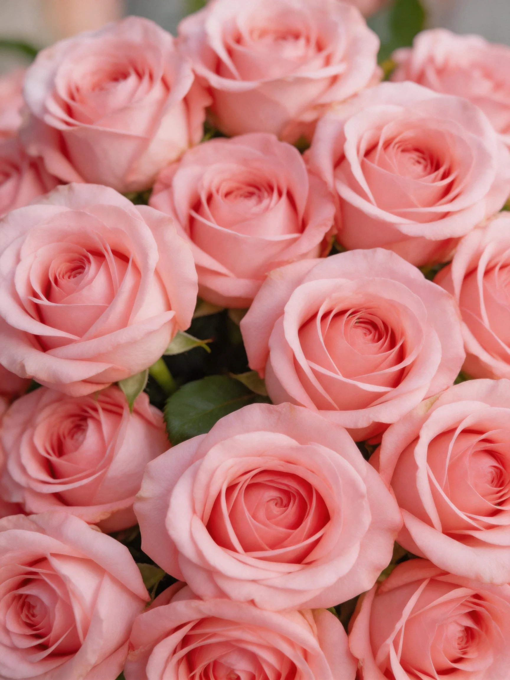 A dense cluster of pastel pink roses with green leaves