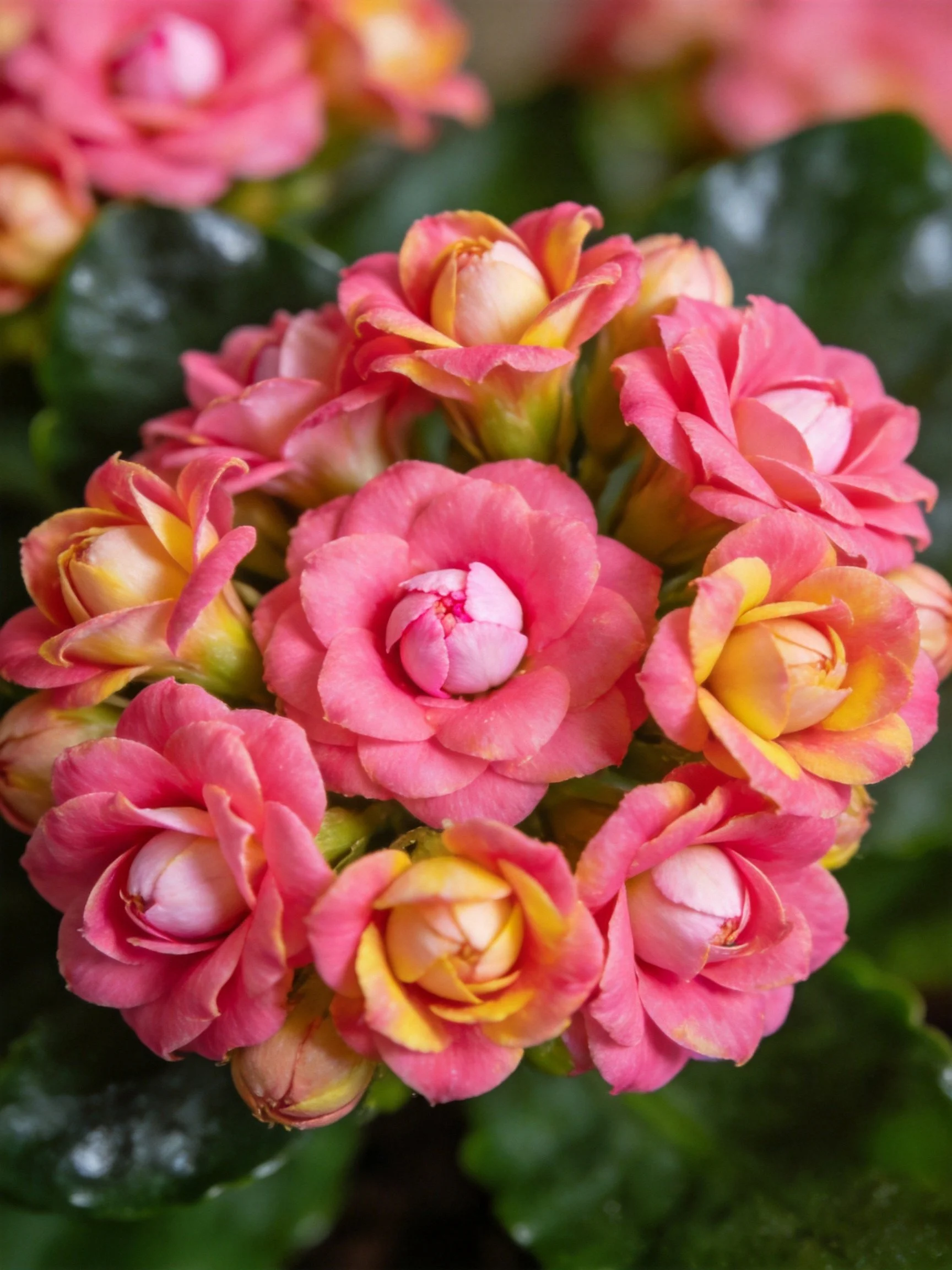A dense cluster of pink and yellow flowers with glossy green foliage