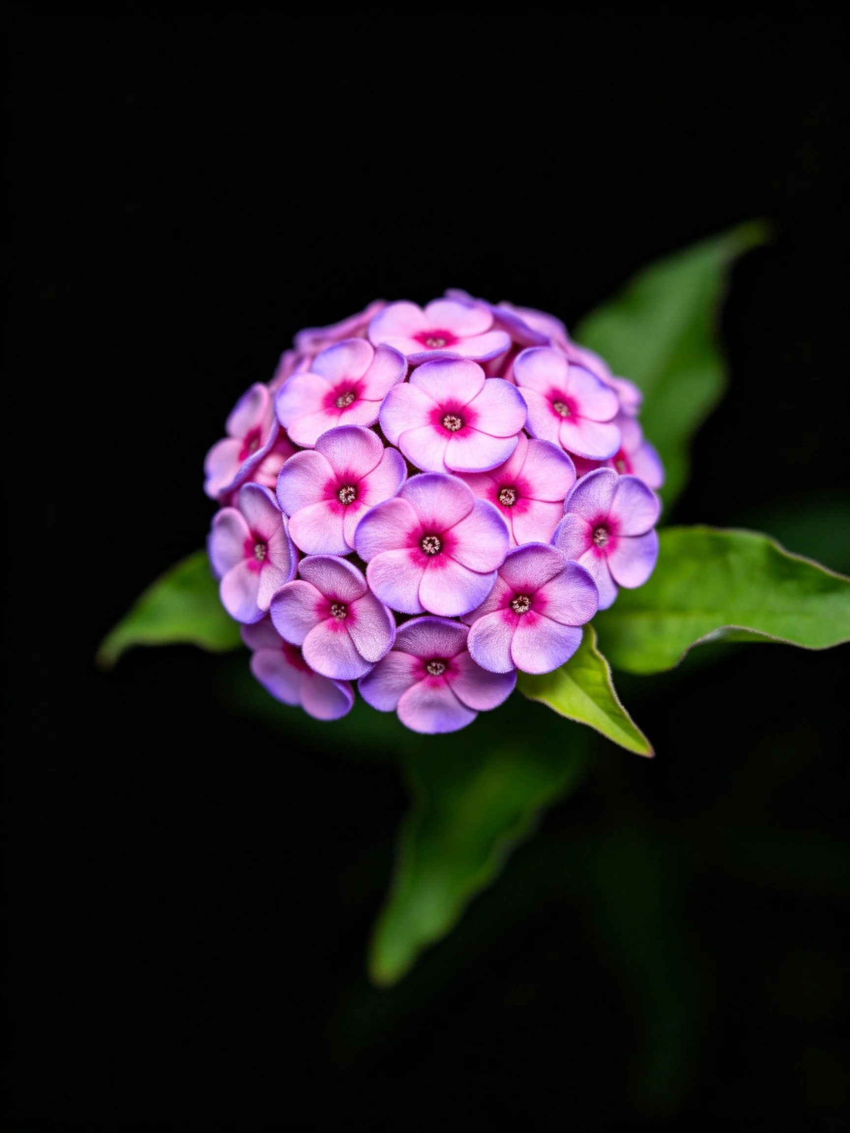 A dense cluster of purple phlox flowers with pink centers