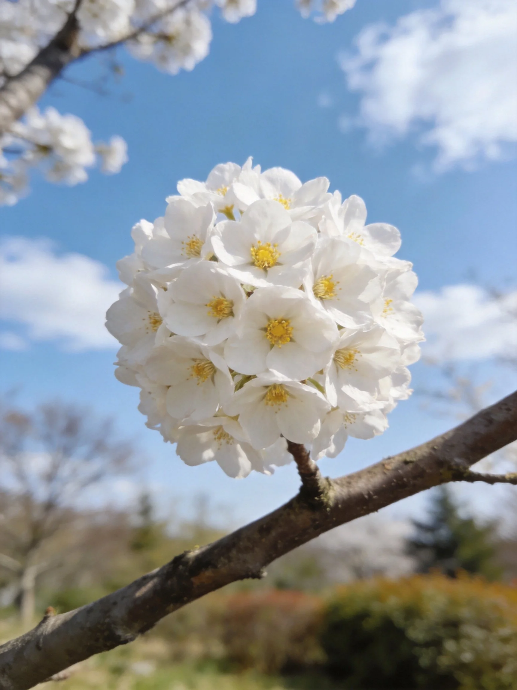 A dense cluster of white cherry blossoms on a brown tree branch