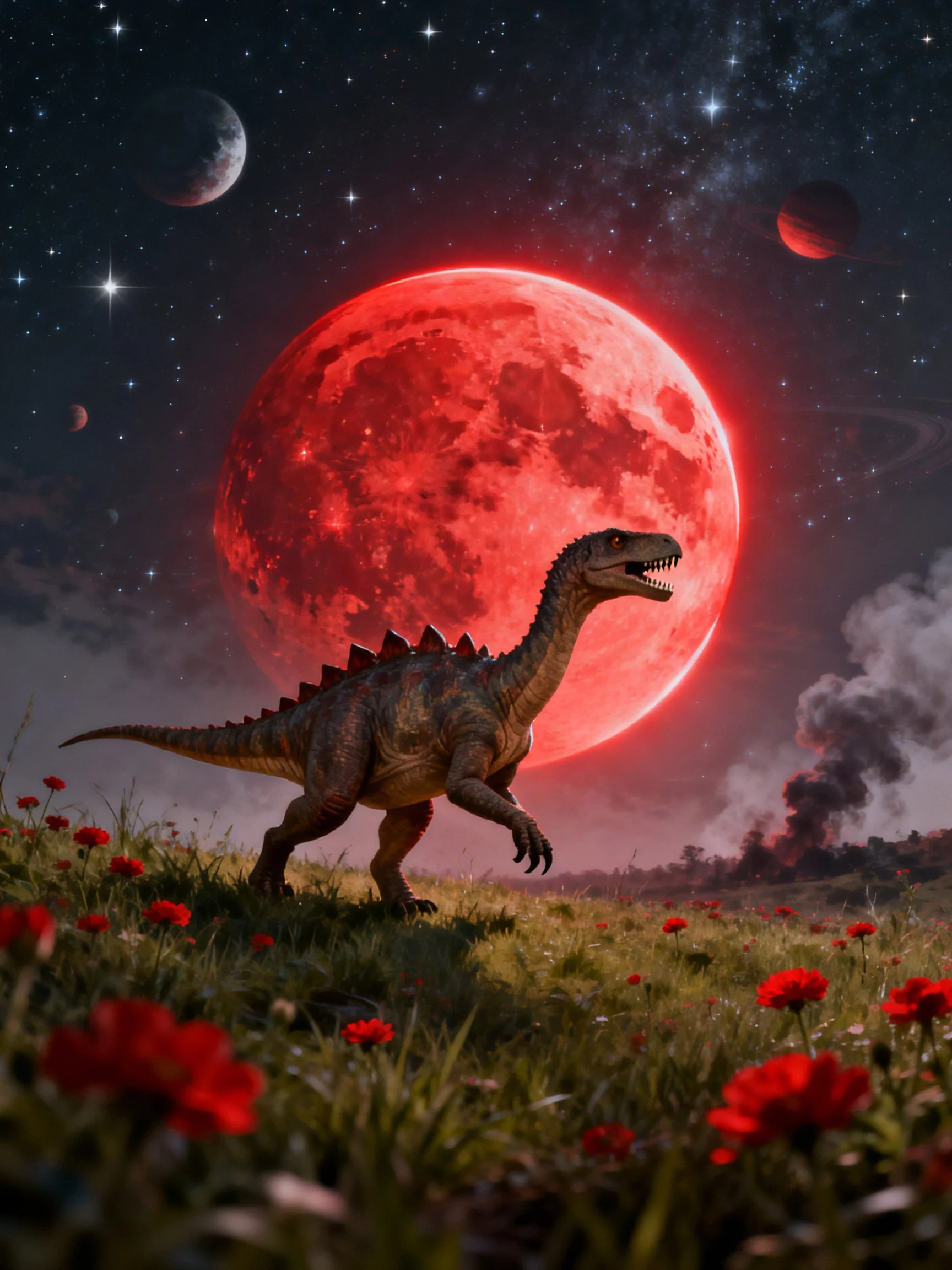 A dinosaur stands before a massive red moon in a starry night landscape